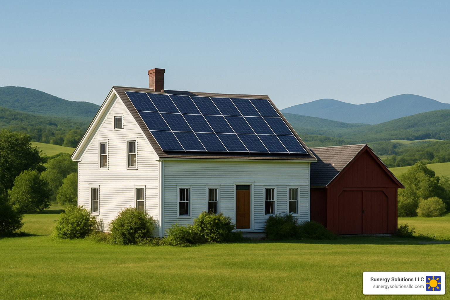 Solar panels on a Maine farmhouse with mountains in background - ME Solar Companies