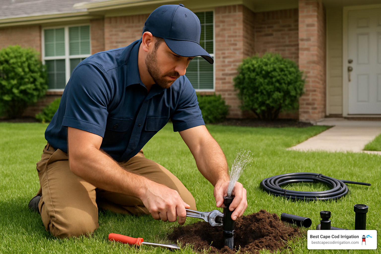 professional irrigation technician repairing sprinkler system leak - turning on sprinkler system in spring