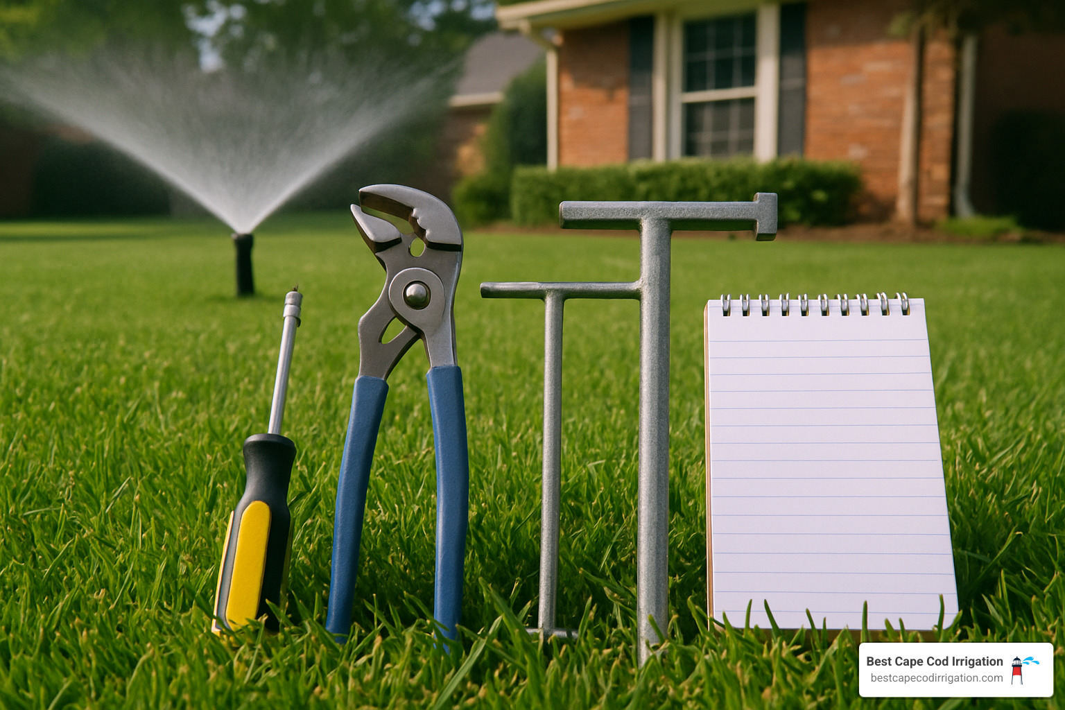sprinkler system inspection tools and equipment laid out on lawn - turning on sprinkler system in spring