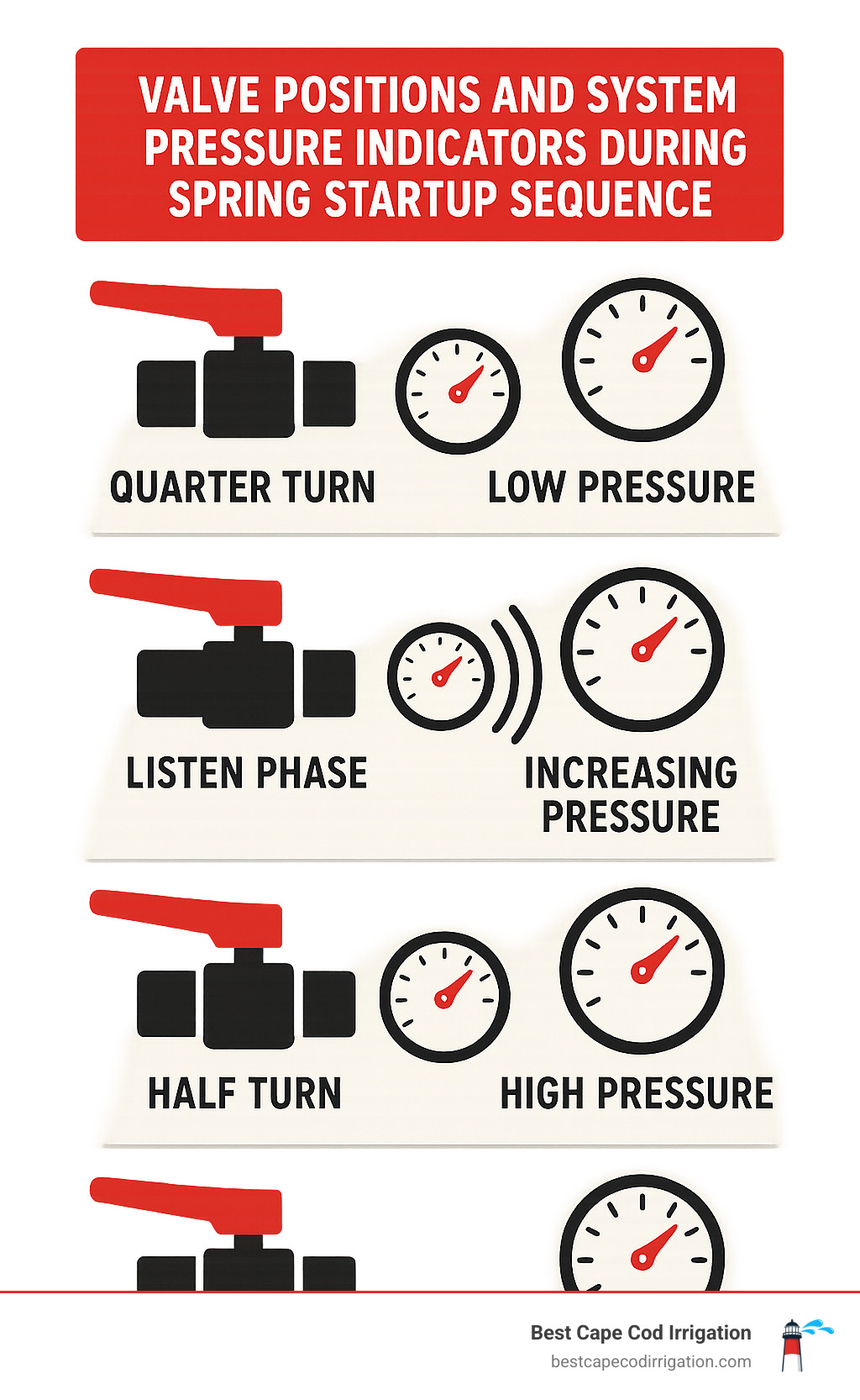 Valve positions and system pressure indicators during spring startup sequence - turning on sprinkler system in spring infographic 