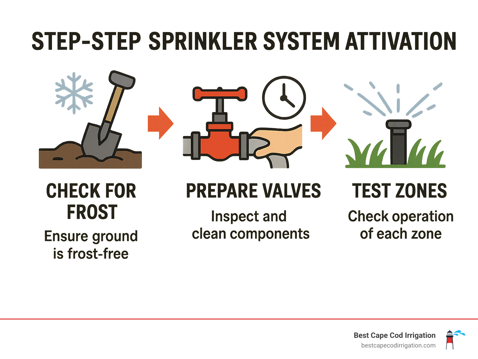 Step-by-step spring sprinkler system activation timeline showing frost check, valve preparation, gradual startup sequence, and zone testing phases - turning on sprinkler system in spring infographic 