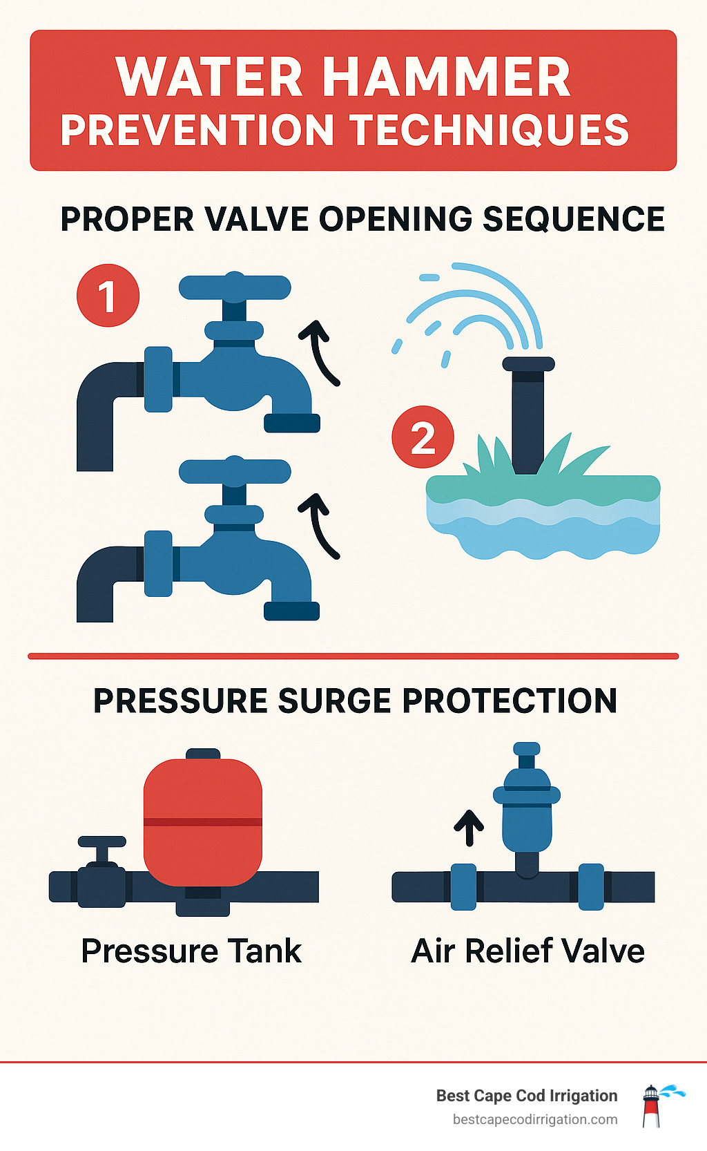 Water hammer prevention techniques showing proper valve opening sequence and pressure surge protection methods - turning on sprinkler system in spring infographic 