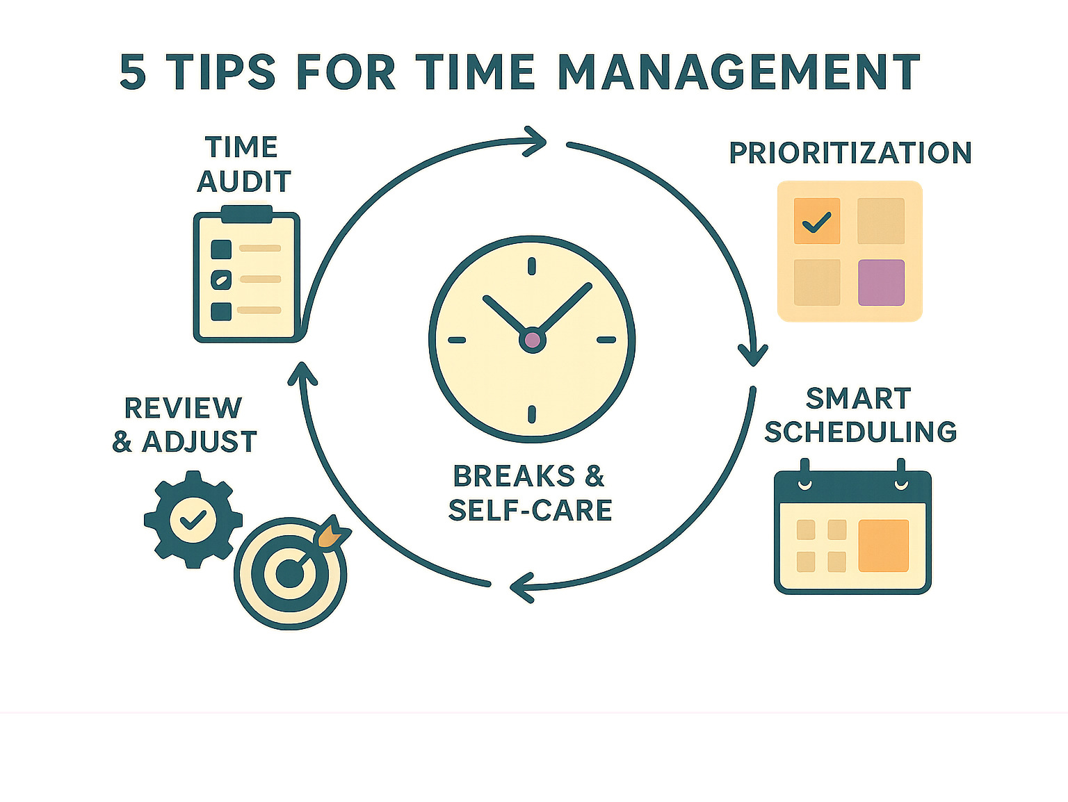 Infographic showing the time management cycle: Time Audit leads to Prioritization, which leads to Smart Scheduling, then Focus & Execution, followed by Review & Adjust, creating a continuous improvement loop with breaks and self-care integrated throughout - 5 tips for time management infographic 
