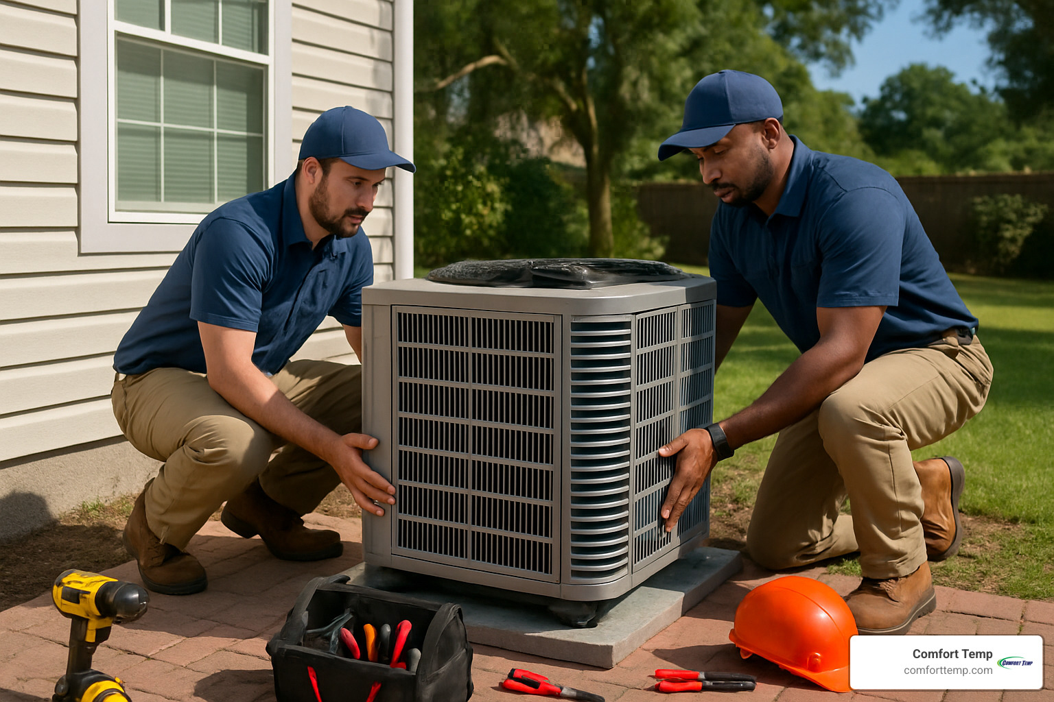 Technicians installing outdoor condenser unit - ac installation gainesville fl