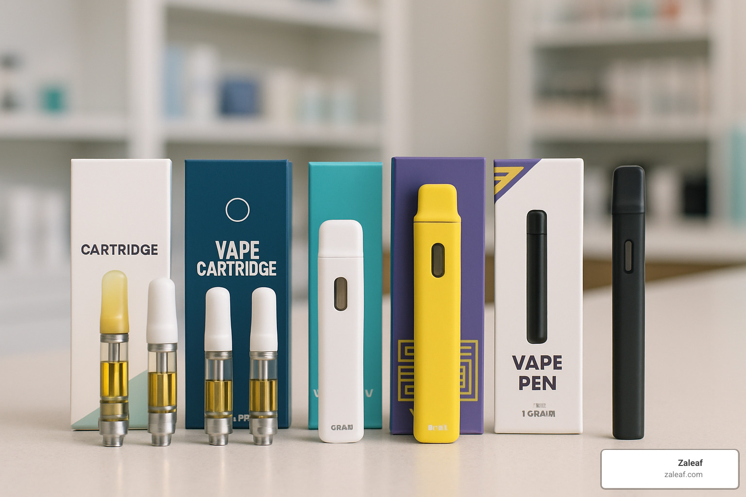 Various vape cartridges and disposable pens arranged in a lineup - Vape pens for stress