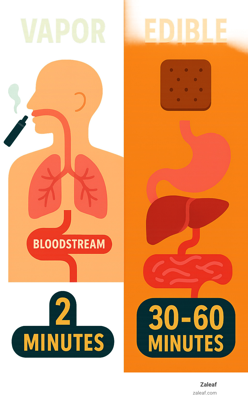 Infographic showing vapor absorption through lungs reaching bloodstream in 2 minutes versus edible digestion taking 30-60 minutes through stomach and liver processing - Vape pens for stress infographic 