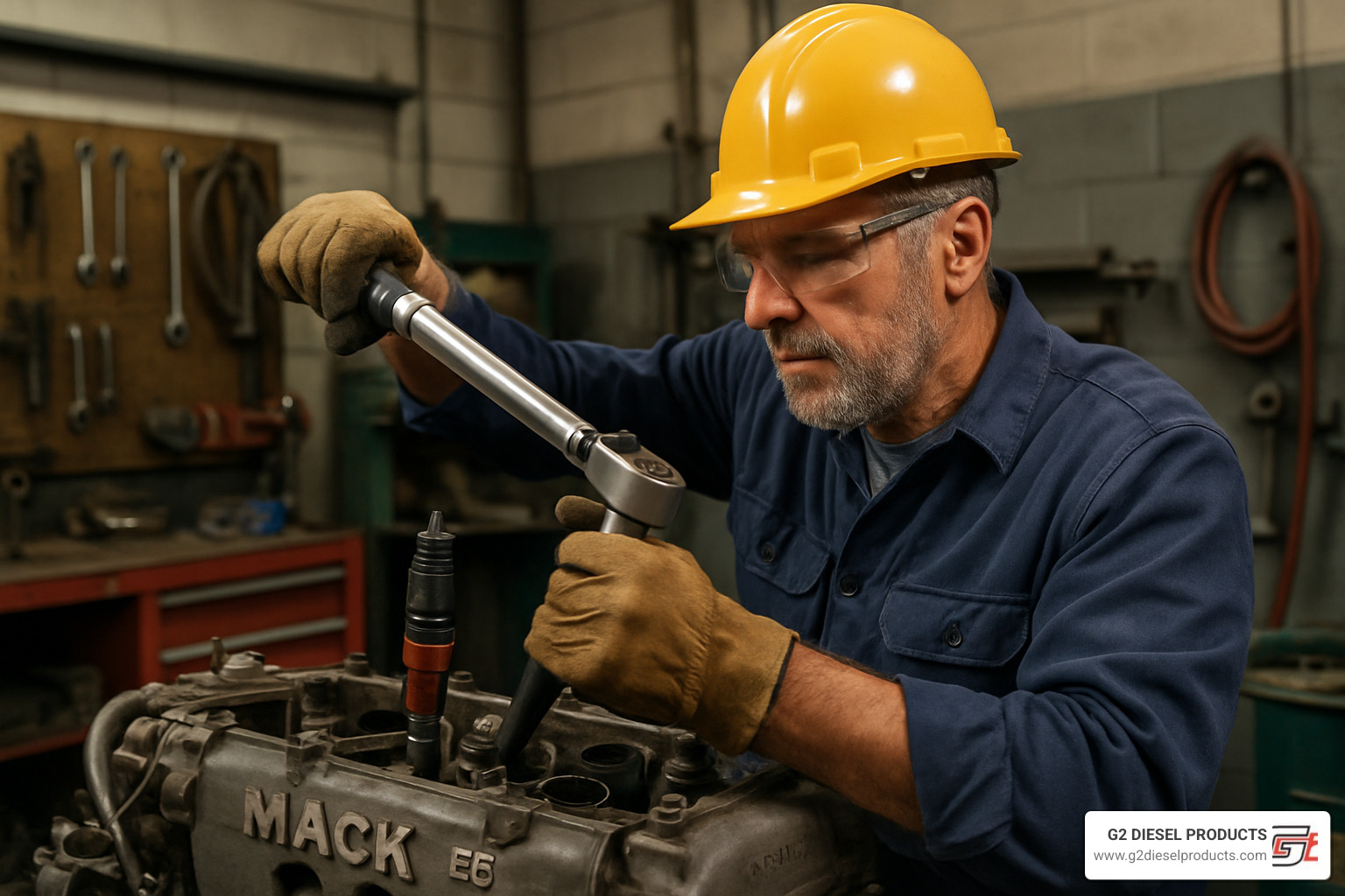 Experienced mechanic installing Mack E6 fuel injector with proper torque wrench technique - mack e6 injectors