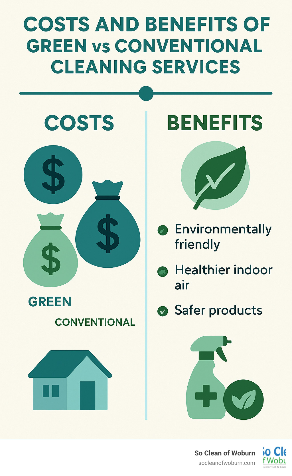 Infographic comparing costs and benefits of green vs conventional cleaning services - green cleaning services near me infographic