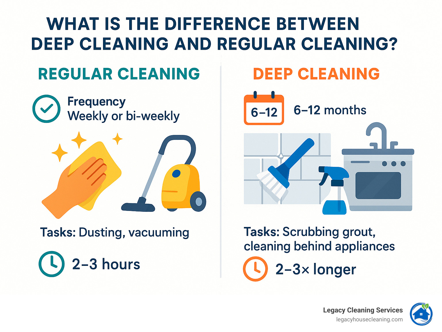 Comprehensive comparison showing regular cleaning tasks like dusting and vacuuming versus deep cleaning tasks like scrubbing grout, cleaning behind appliances, and sanitizing hard-to-reach areas, with frequency and time requirements for each service type - what is the difference between deep cleaning and regular cleaning infographic