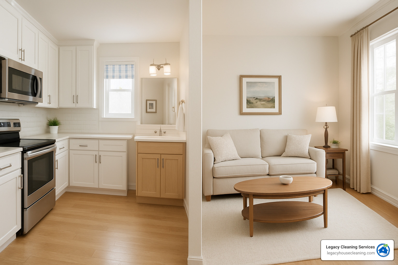 Clean and organized Madison home interior showcasing the results of professional deep cleaning services with spotless kitchen, bathroom, and living areas - what is the difference between deep cleaning and regular cleaning