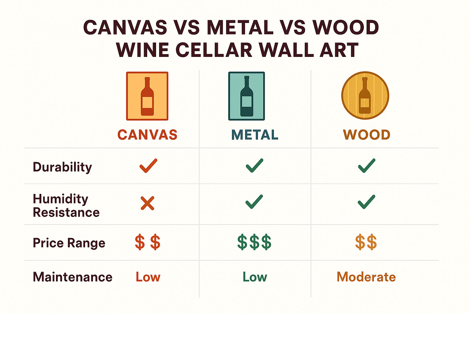 comparison chart showing canvas vs metal vs wood wine cellar wall art characteristics including durability, humidity resistance, price range, and maintenance requirements - wine cellar wall art infographic