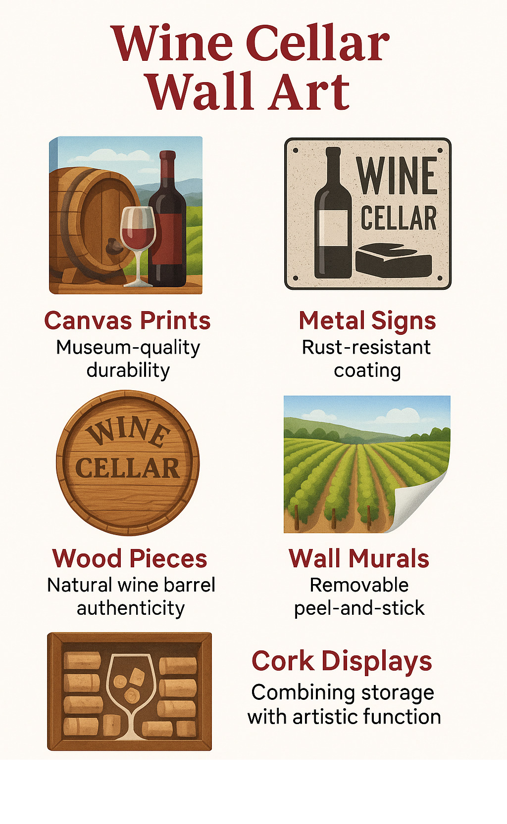 Infographic showing wine cellar wall art materials comparison: canvas prints with museum-quality durability, metal signs with rust-resistant coating, wood pieces with natural wine barrel authenticity, wall murals with removable peel-and-stick application, and cork displays combining storage with artistic function - wine cellar wall art infographic
