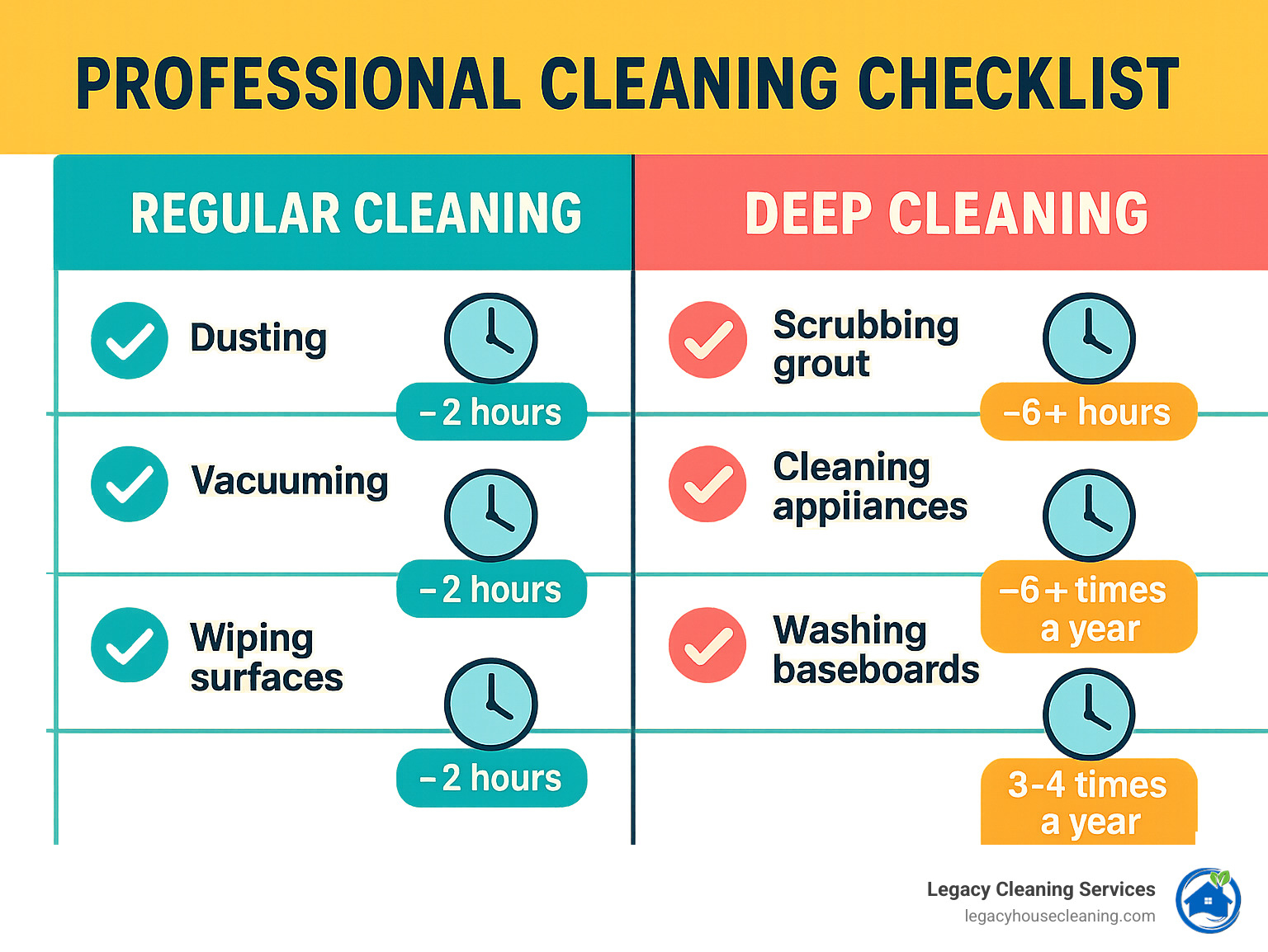 Professional cleaning checklist comparison table showing regular cleaning tasks on left (weekly maintenance like dusting, vacuuming, surface wiping) versus deep cleaning tasks on right (intensive work like grout scrubbing, appliance interiors, baseboards) with time estimates and frequency recommendations - what is the difference between deep cleaning and regular cleaning infographic