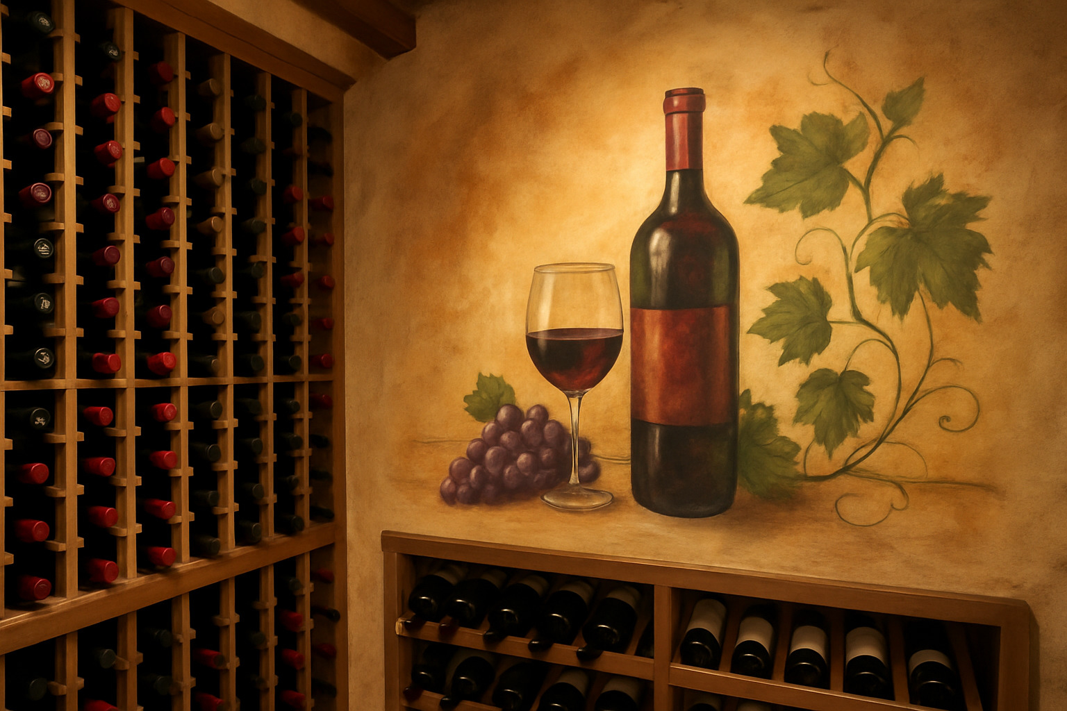 assorted wine cellar wall art styles including canvas prints, metal signs, wood pieces, and murals - wine cellar wall art