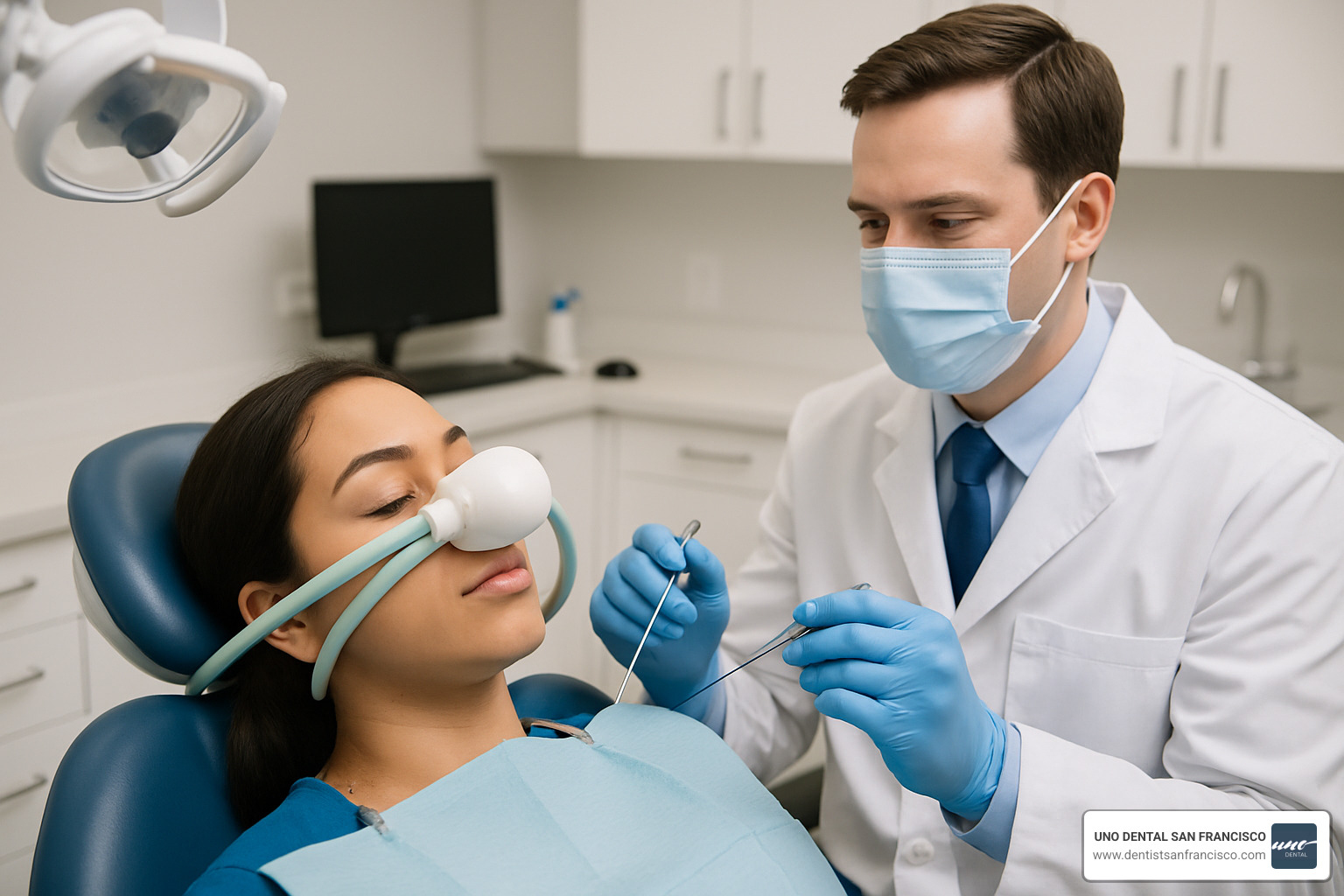 patient wearing nitrous oxide nasal hood during dental procedure - anesthesia dentist