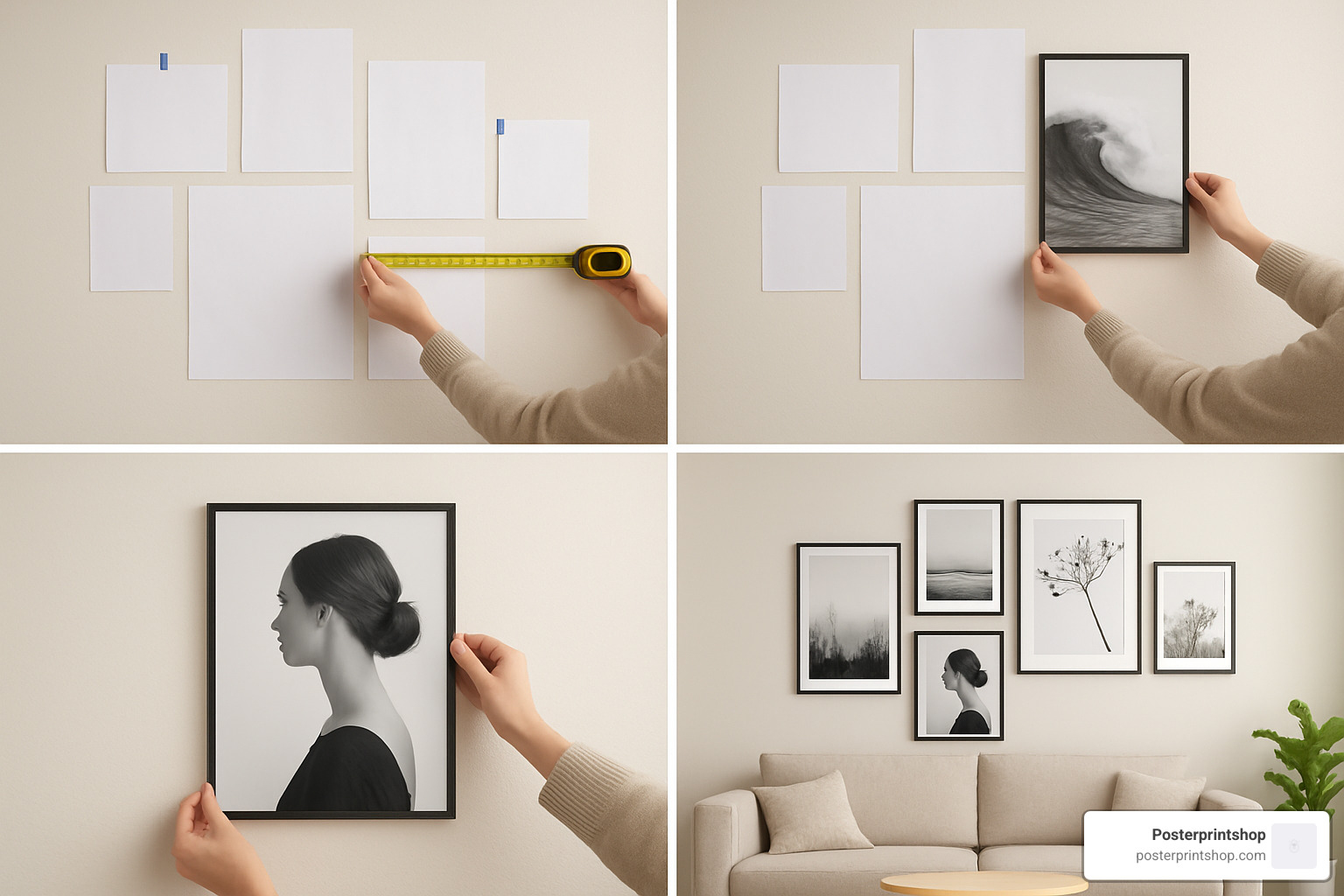 step-by-step layout process for creating a black and white poster gallery wall - Black and white posters