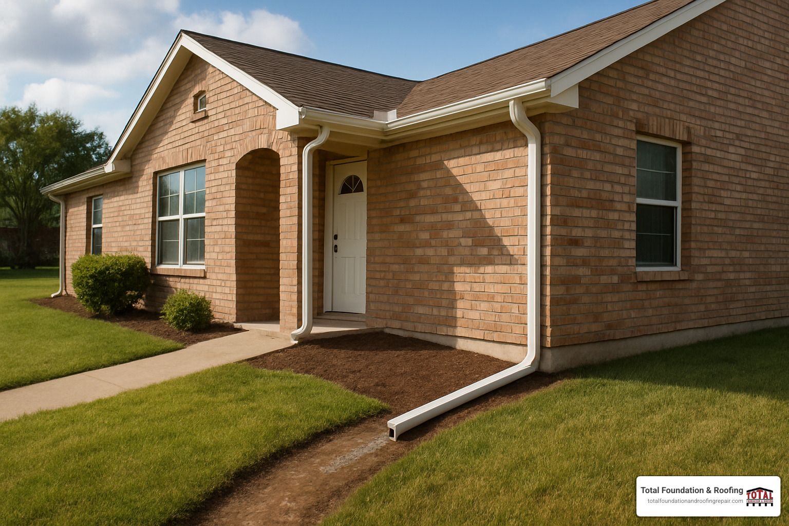 Proper gutter downspout installation and graded landscaping around a Fredericksburg home showing how water should drain away from the foundation - foundation repair Fredericksburg TX Proper gutter downspout installation and graded landscaping around a Fredericksburg home showing how water should drain away from the foundation - foundation repair Fredericksburg TX