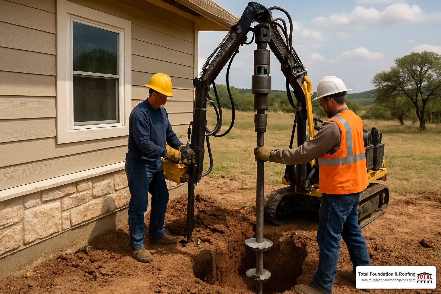 Helical pier installation process showing the specialized equipment used to install steel piers beneath existing foundations in Fredericksburg homes - foundation repair Fredericksburg TX Helical pier installation process showing the specialized equipment used to install steel piers beneath existing foundations in Fredericksburg homes - foundation repair Fredericksburg TX