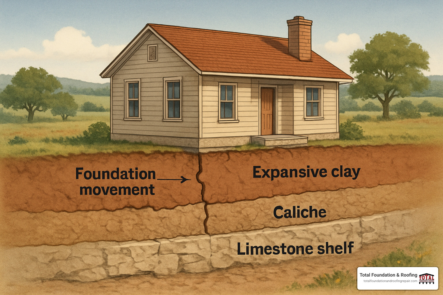 Expansive clay soil layers beneath Fredericksburg homes showing the limestone shelf and caliche formations that contribute to foundation movement - foundation repair Fredericksburg TX Expansive clay soil layers beneath Fredericksburg homes showing the limestone shelf and caliche formations that contribute to foundation movement - foundation repair Fredericksburg TX