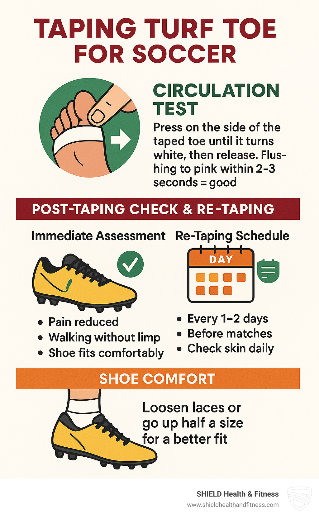 Infographic showing proper circulation test technique, re-taping timeline, and shoe fit adjustments for taped feet - taping turf toe for soccer infographic 