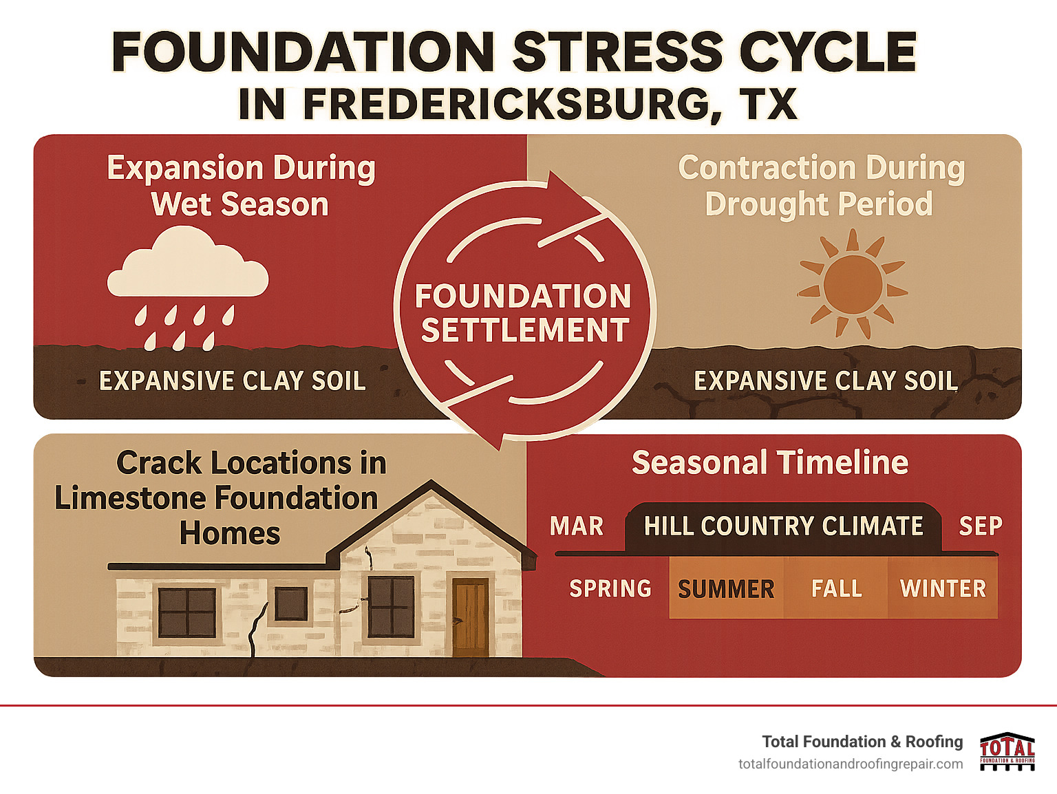 Infographic showing the foundation stress cycle in Fredericksburg TX, including expansive clay soil expansion during wet seasons, soil contraction during drought periods, foundation settlement patterns, common crack locations in limestone foundation homes, and the seasonal timeline of when foundation problems typically emerge in the Hill Country climate - foundation repair Fredericksburg TX infographic Infographic showing the foundation stress cycle in Fredericksburg TX, including expansive clay soil expansion during wet seasons, soil contraction during drought periods, foundation settlement patterns, common crack locations in limestone foundation homes, and the seasonal timeline of when foundation problems typically emerge in the Hill Country climate - foundation repair Fredericksburg TX infographic