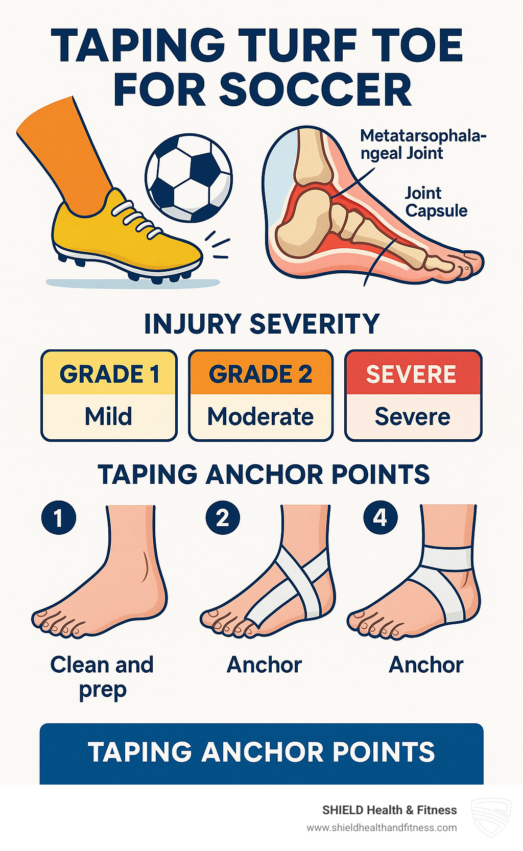 Infographic showing big toe hyperextension mechanism during soccer play, with anatomical cross-section of metatarsophalangeal joint, grades 1-3 injury severity levels, and step-by-step taping anchor points - taping turf toe for soccer infographic 