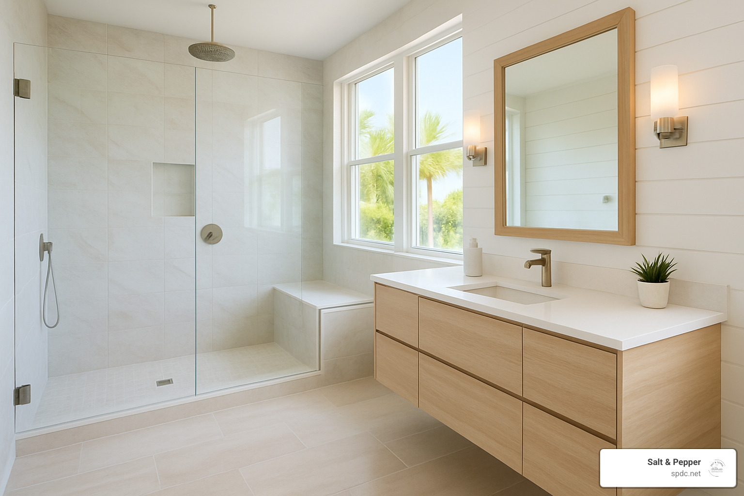 Modern coastal-themed Florida bathroom featuring walk-in shower with rainfall head, floating vanity with quartz countertop, large format porcelain tiles, and abundant natural light - Bathroom remodel contractors Florida