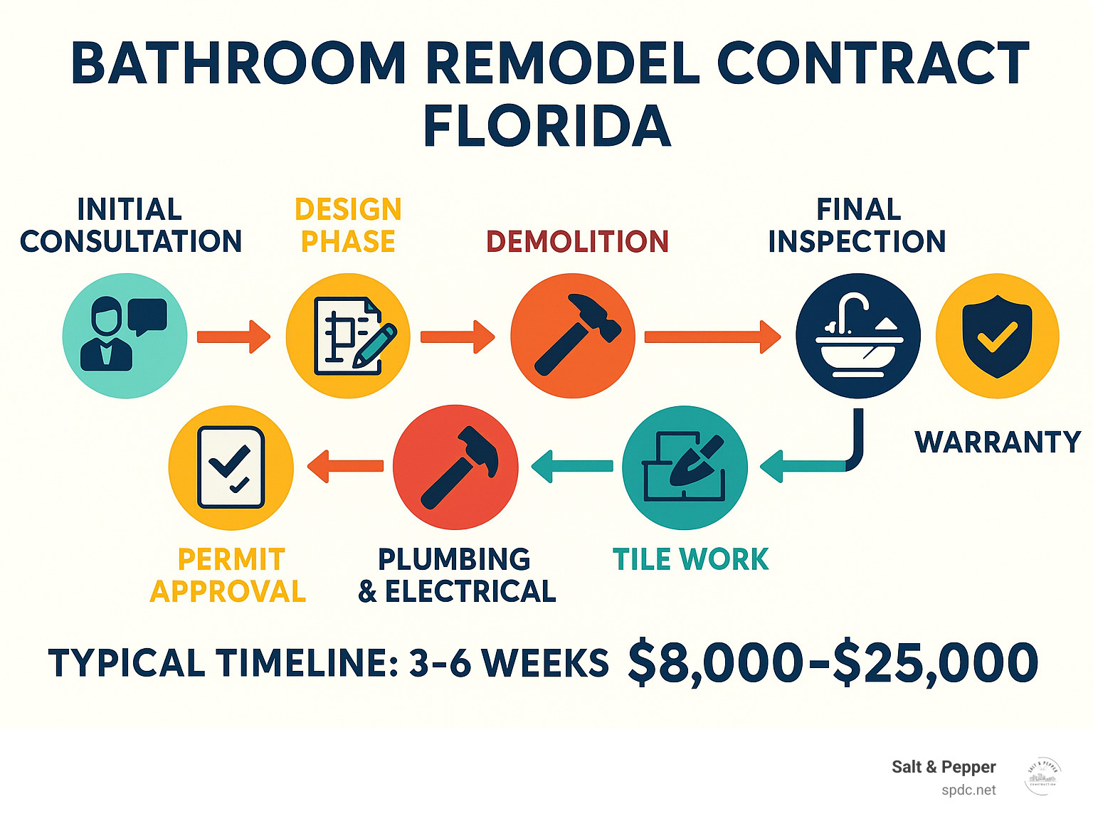 Infographic showing the complete bathroom remodeling journey in Florida, including timeline from initial consultation through design phase, permit approval, demolition, installation of plumbing and electrical, tile work, fixture installation, final inspection, and warranty coverage, with typical 3-6 week timeline and cost ranges from $8,000-$25,000 - Bathroom remodel contractors Florida infographic 