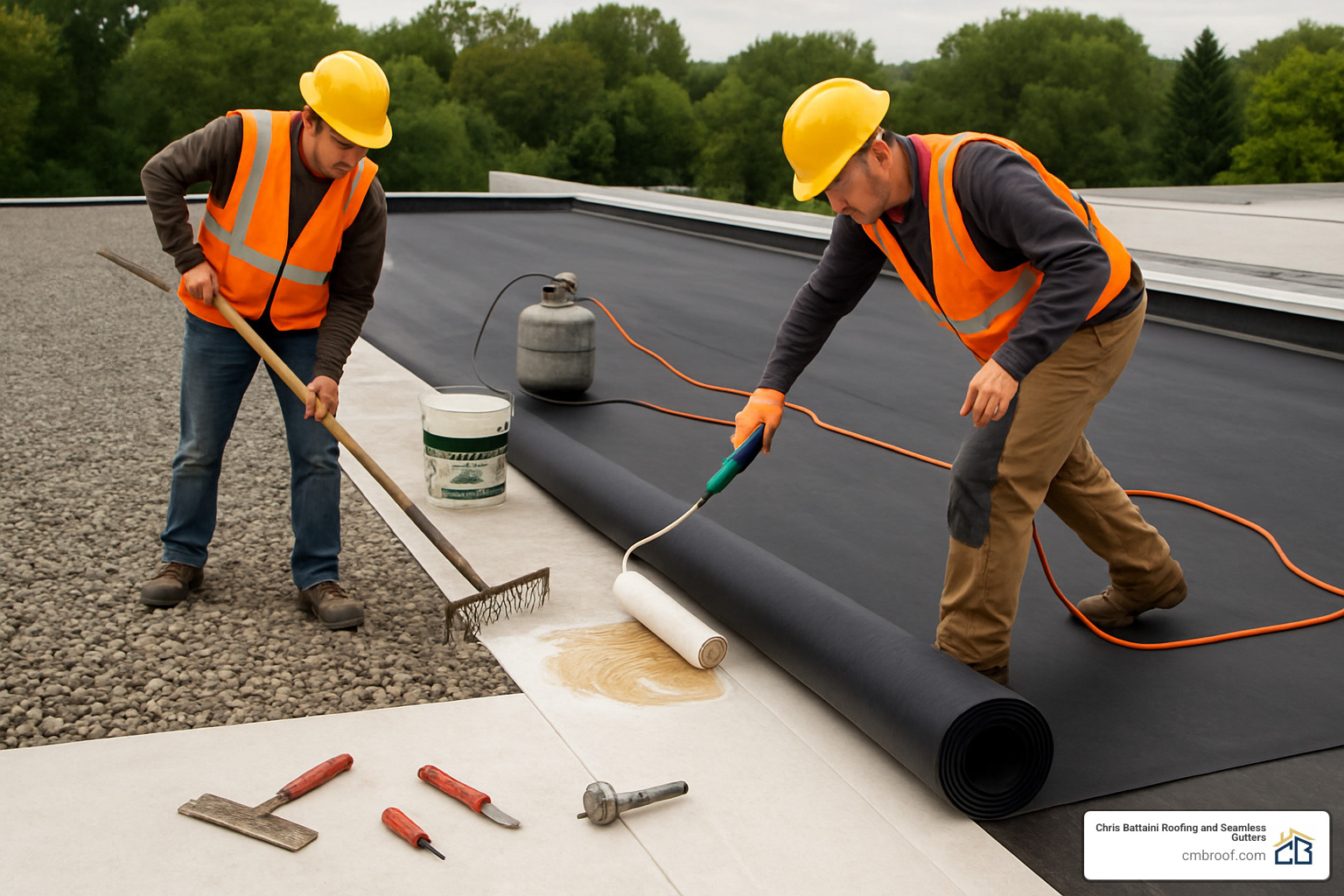 EPDM membrane installation process showing ballasted and adhered methods - commercial flat roofing