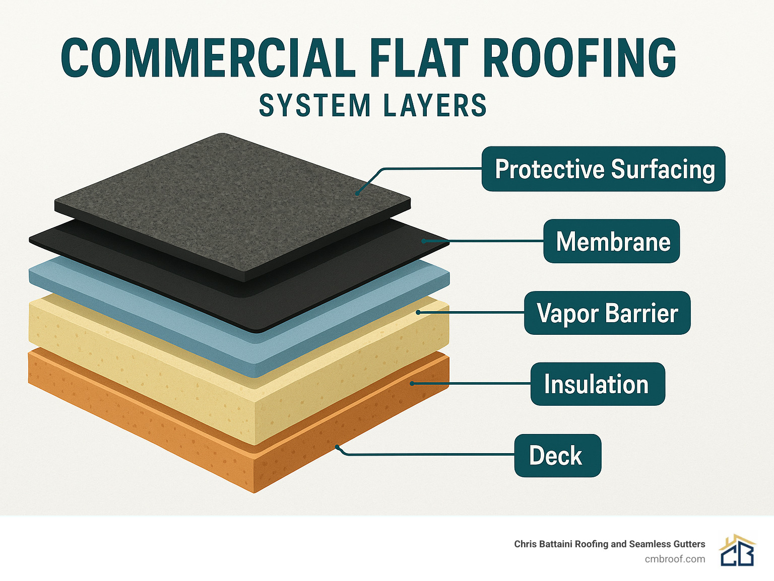 Detailed breakdown of commercial flat roofing system layers including deck, insulation, vapor barrier, membrane, and protective surfacing - commercial flat roofing infographic