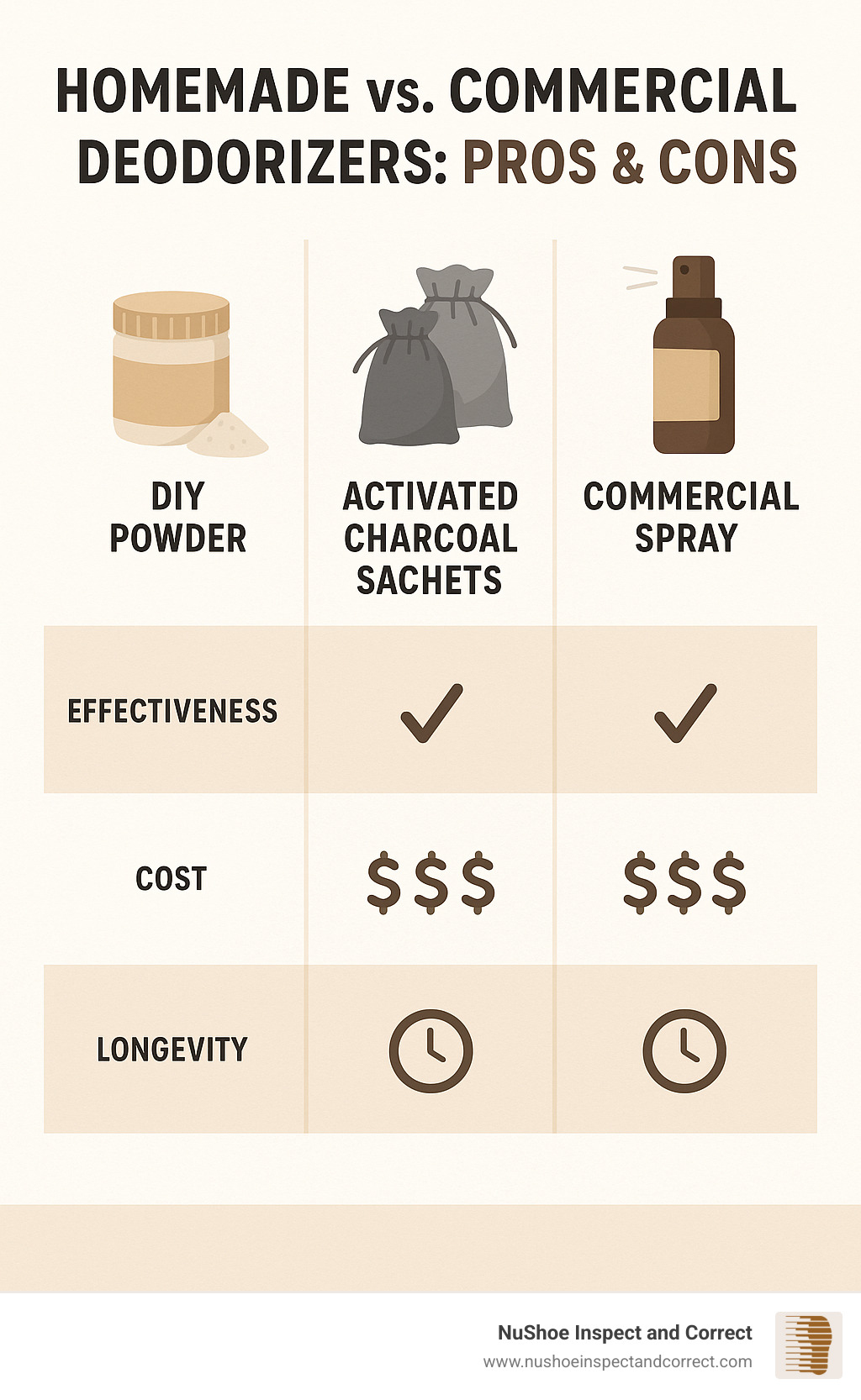 Infographic comparing effectiveness, cost, and longevity of DIY powder vs activated charcoal sachets vs commercial sprays - homemade deodorizer for shoes infographic 
