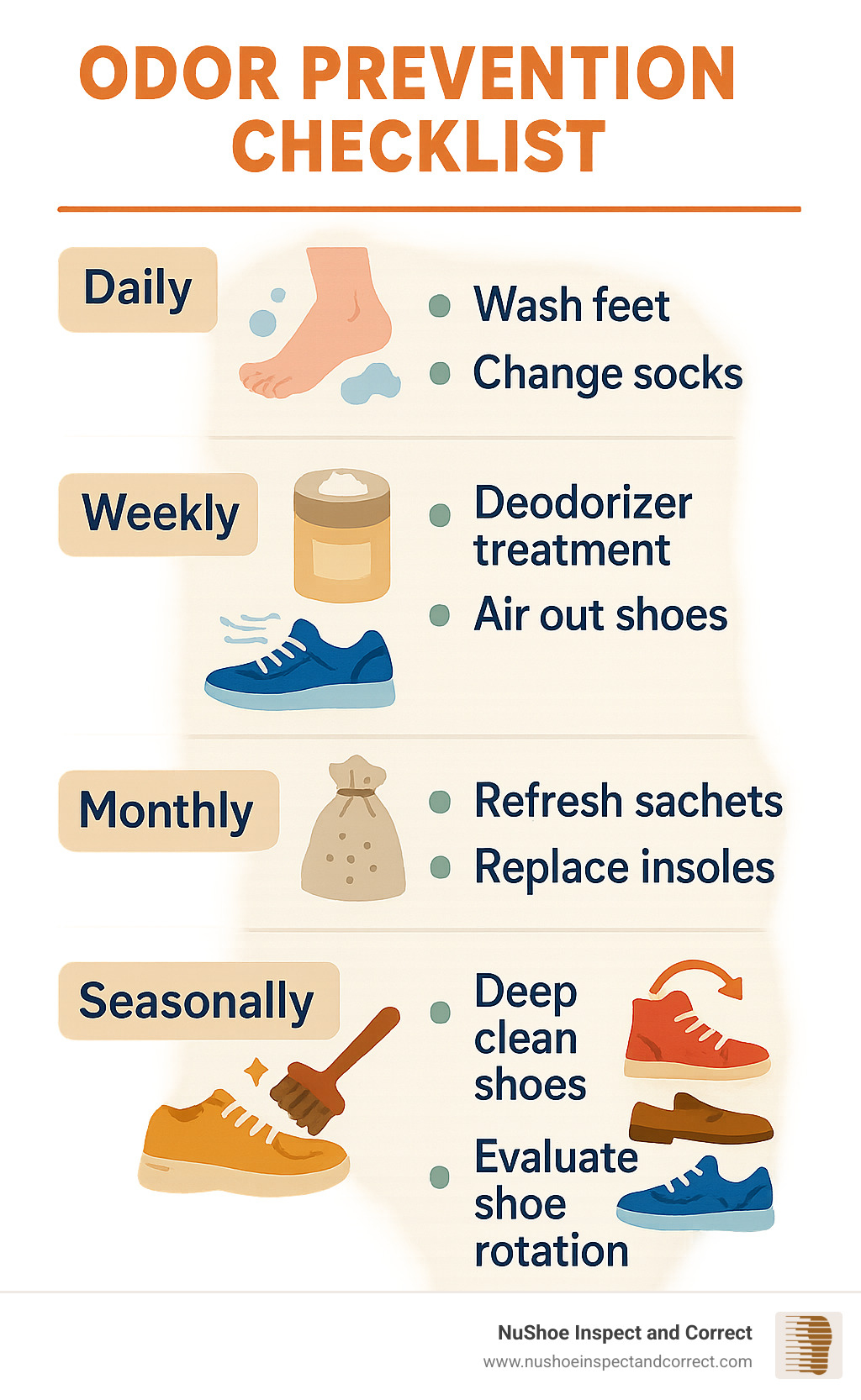 Infographic summarizing recipe ratios and odor prevention checklist: Daily - wash feet, change socks; Weekly - deodorizer treatment, air out shoes; Monthly - refresh sachets, replace insoles; Seasonally - deep clean shoes, evaluate shoe rotation - homemade deodorizer for shoes infographic 