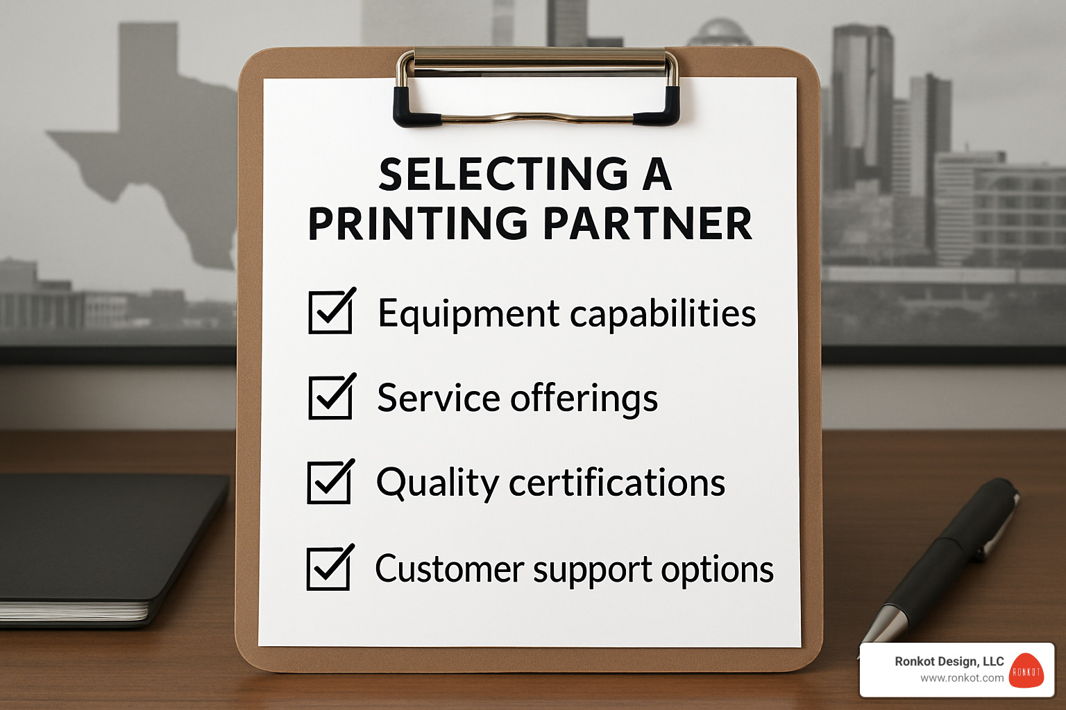 Checklist showing key criteria for selecting a printing partner, including equipment capabilities, service offerings, quality certifications, and customer support options - custom business printing services in dallas tx Checklist showing key criteria for selecting a printing partner, including equipment capabilities, service offerings, quality certifications, and customer support options - custom business printing services in dallas tx