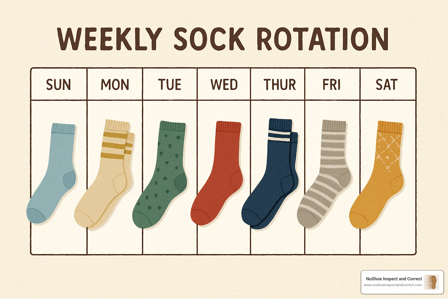 Weekly sock rotation calendar showing different pairs for each day - homemade deodorizer for shoes