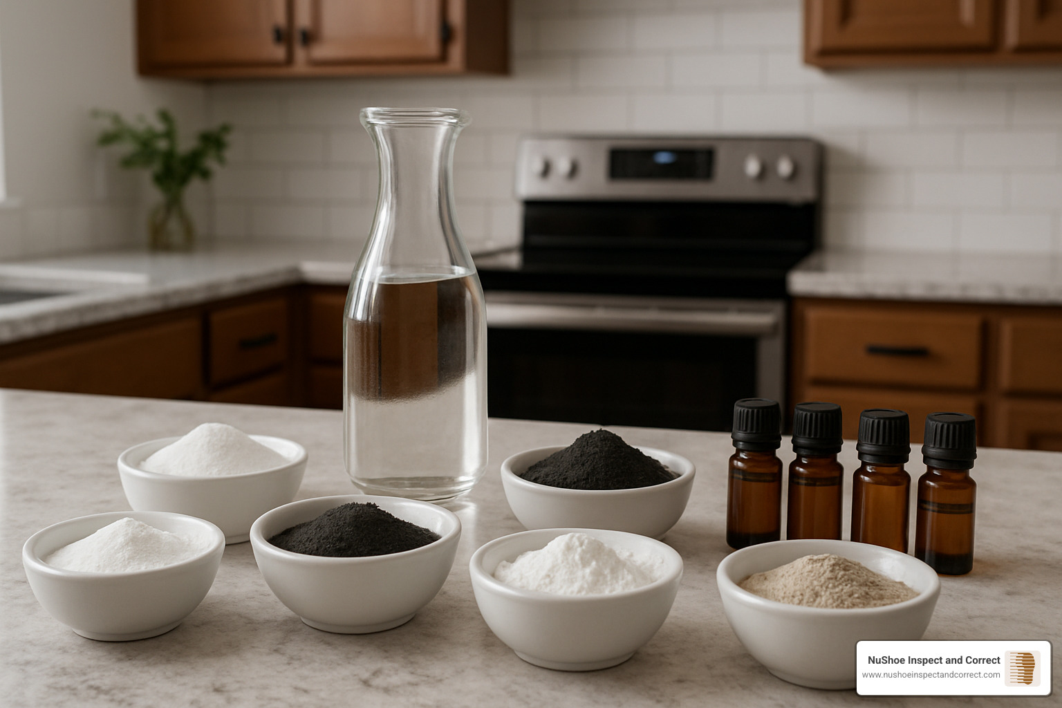DIY shoe deodorizer ingredients laid out on a counter - homemade deodorizer for shoes