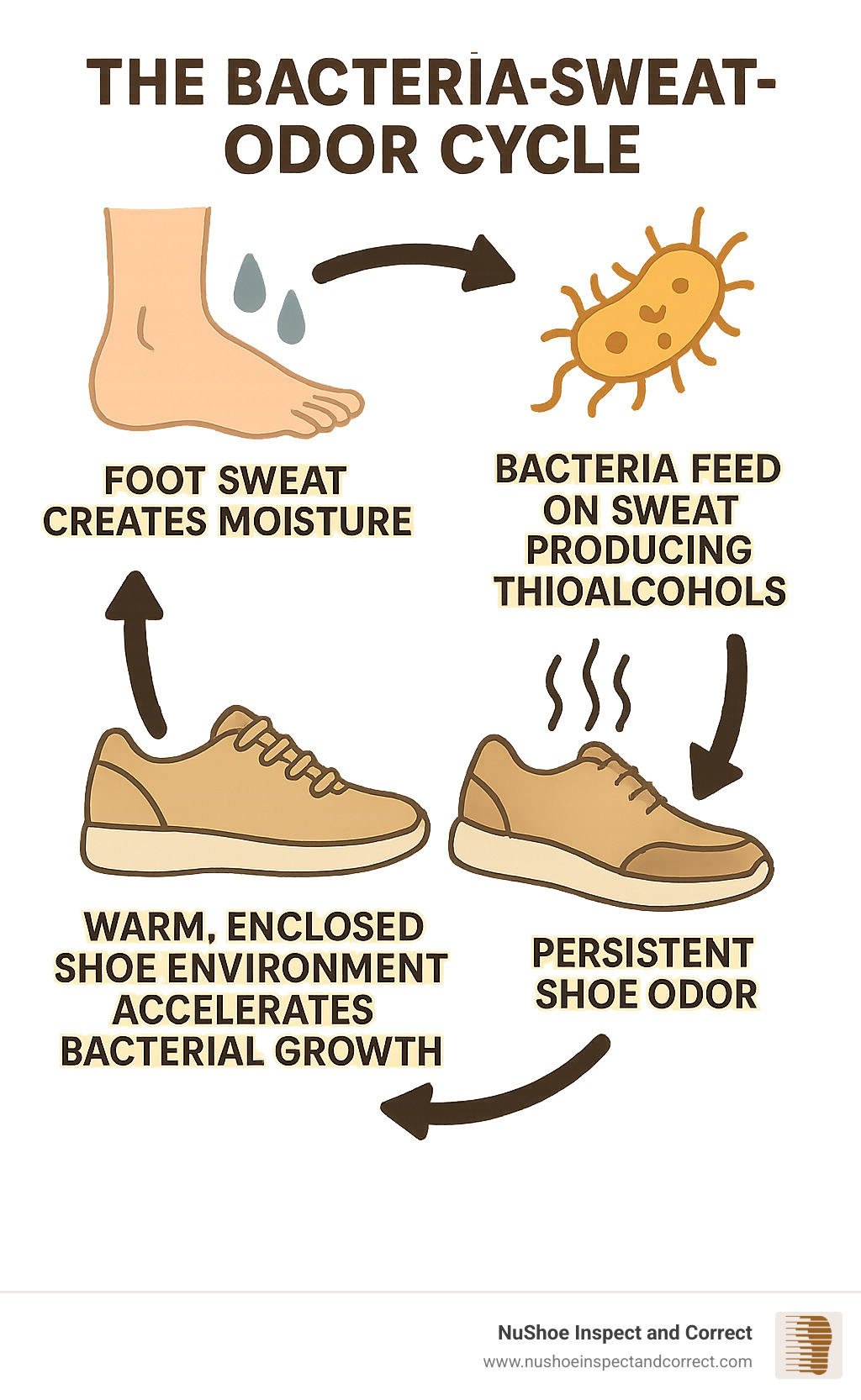 Infographic showing the bacteria-sweat-odor cycle: foot sweat creates moisture, bacteria feed on sweat producing thioalcohols, warm enclosed shoe environment accelerates bacterial growth, resulting in persistent shoe odor - homemade deodorizer for shoes infographic 