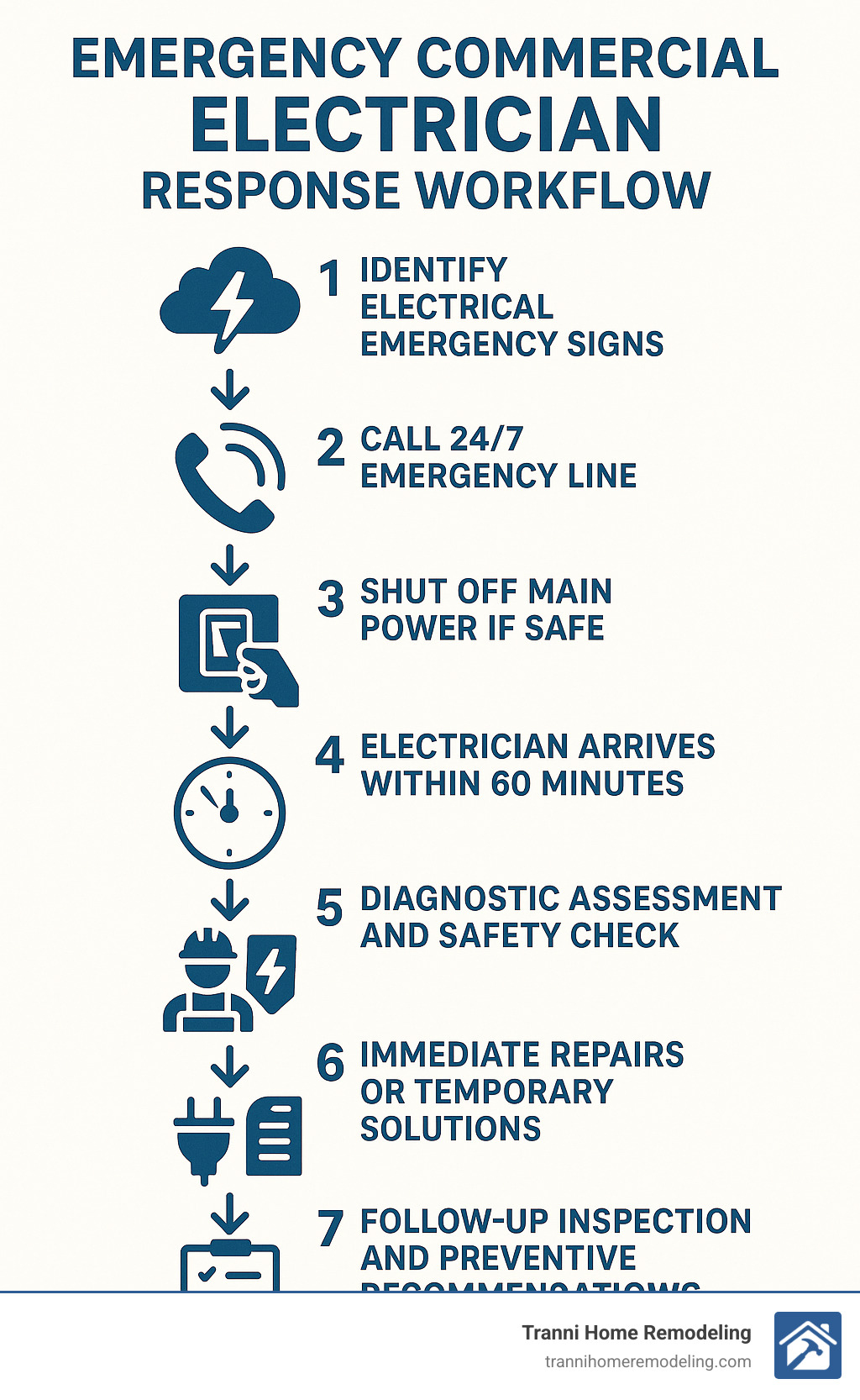 Infographic showing emergency commercial electrician response workflow: 1) Identify electrical emergency signs, 2) Call 24/7 emergency line, 3) Shut off main power if safe, 4) Electrician arrives within 60 minutes, 5) Diagnostic assessment and safety check, 6) Immediate repairs or temporary solutions, 7) Follow-up inspection and preventive recommendations - emergency commercial electrician near me infographic 