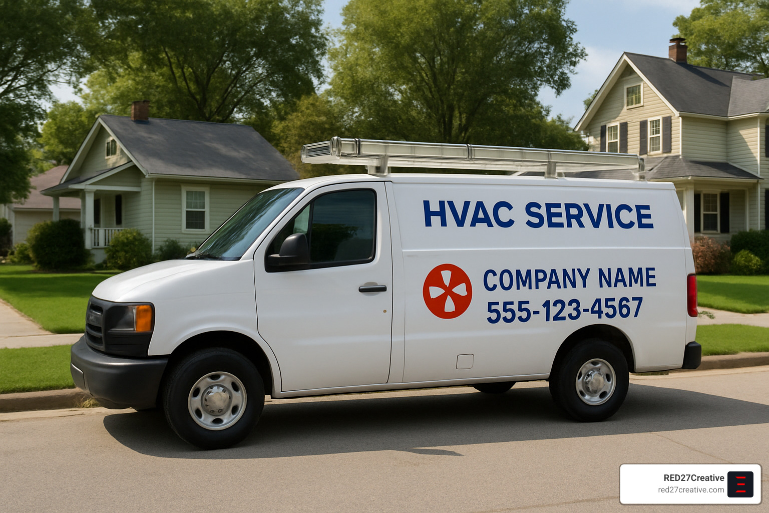 Chill Out and Grow: Best Advertising Strategies for Your HVAC Business • best advertising for hvac business • RED27Creative Branded HVAC service truck with clear company logo and contact information - best advertising for hvac business
