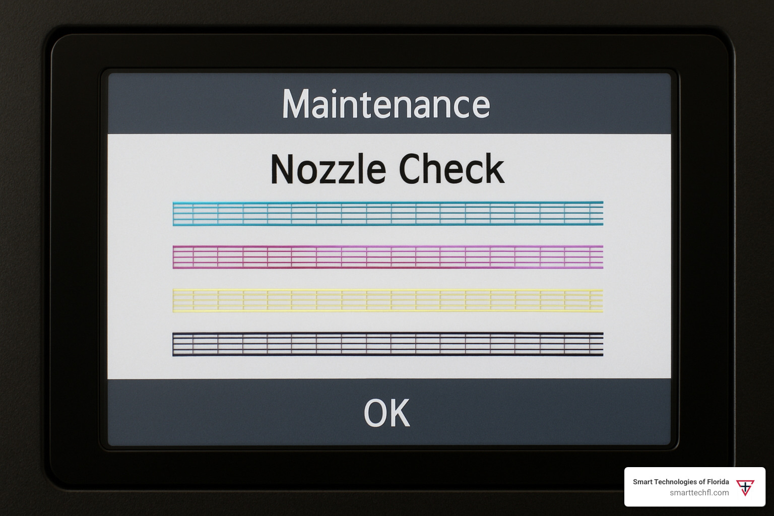 printer maintenance screen showing nozzle check pattern - ink cartridge refilling