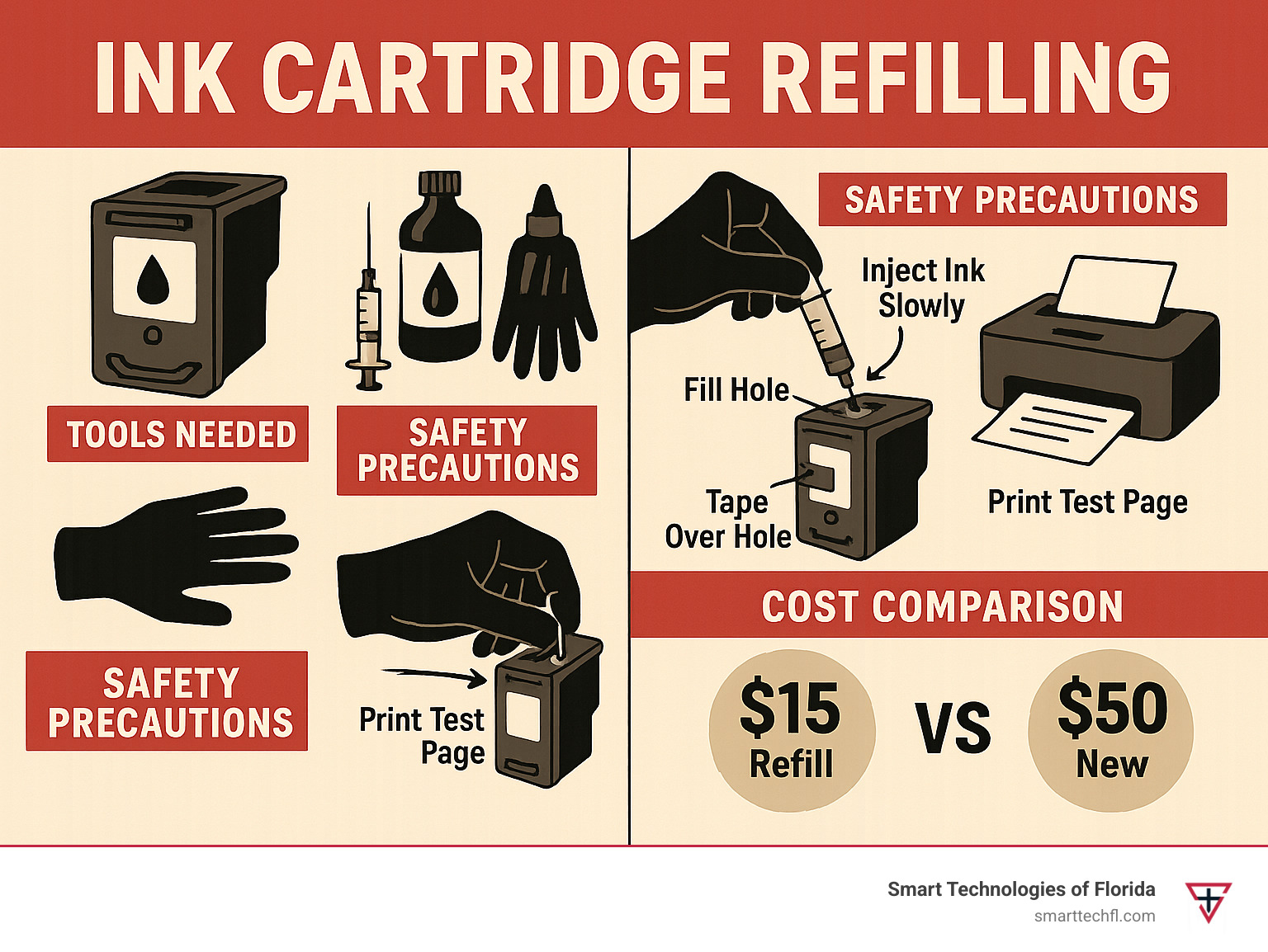 Detailed infographic showing step-by-step ink cartridge refilling process from empty cartridge to finished refill, including tools needed, safety precautions, injection technique, sealing method, and cost comparison between refilling versus buying new OEM cartridges - ink cartridge refilling infographic 
