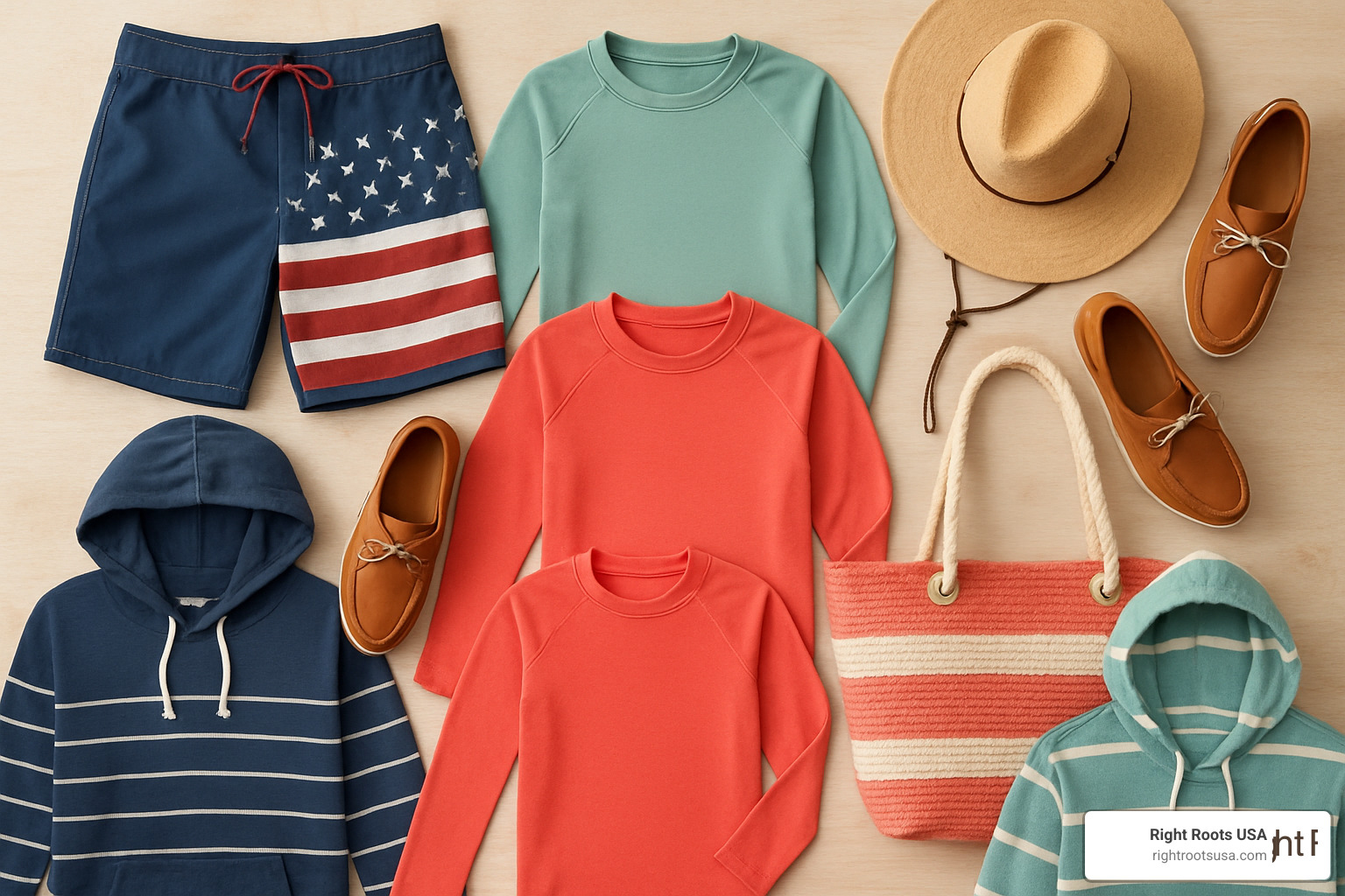 coastal lifestyle apparel flatlay featuring boardshorts, rash guards, sun hats, boat shoes, woven totes, and striped hoodies - Coastal lifestyle apparel