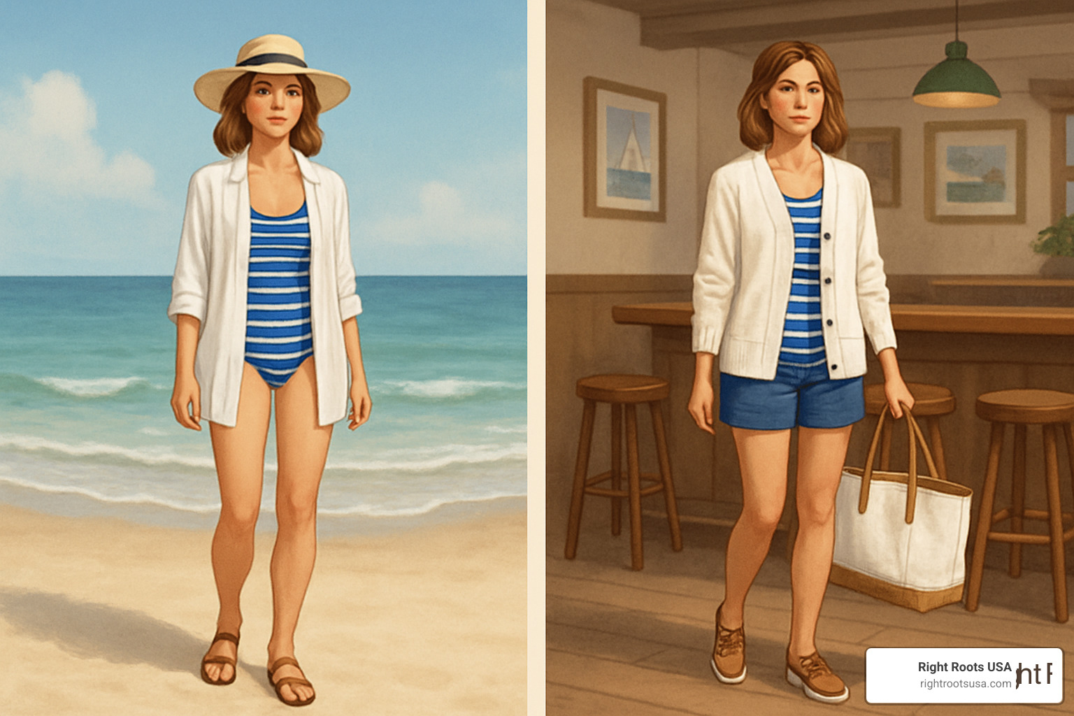 beach to bar outfit transition showing layered coastal pieces for different occasions - Coastal lifestyle apparel