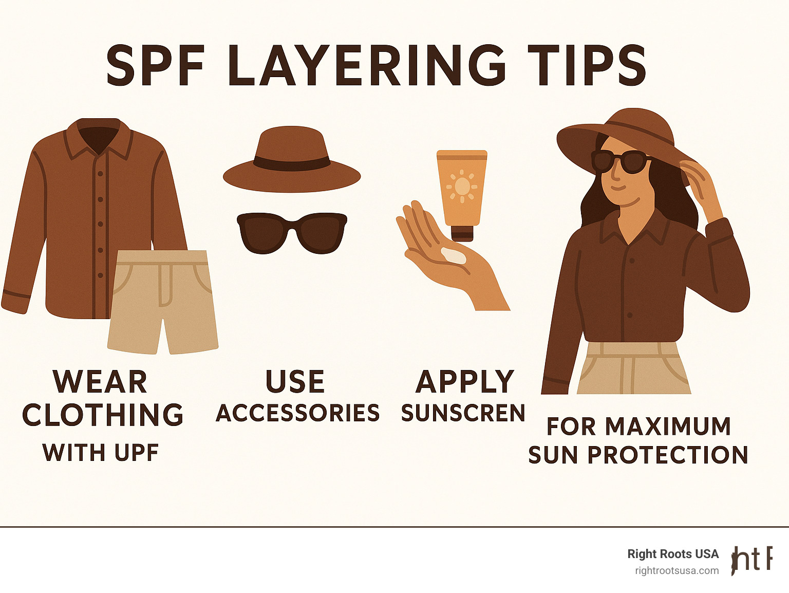 Infographic showing SPF layering techniques with clothing, accessories, and sunscreen application tips for maximum sun protection - Coastal lifestyle apparel infographic 
