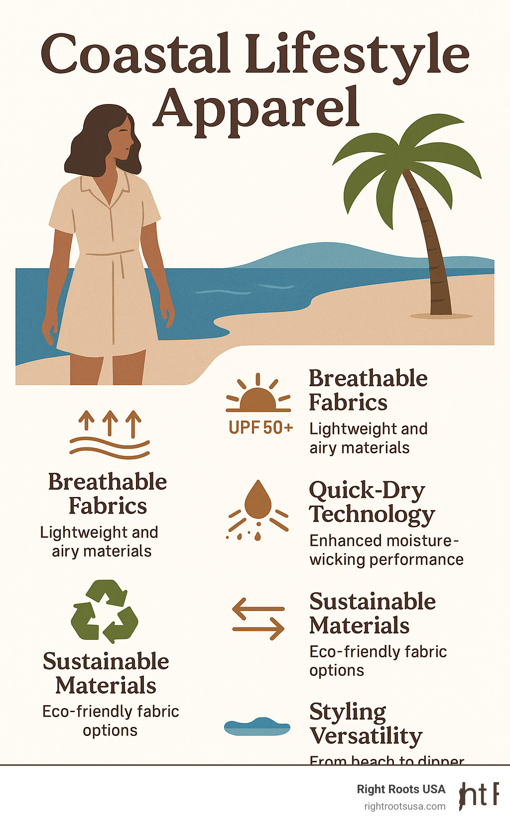 Infographic showing coastal lifestyle apparel essentials including breathable fabrics, UPF protection ratings, quick-dry technology benefits, sustainable material options, and styling versatility from beach to dinner - Coastal lifestyle apparel infographic 