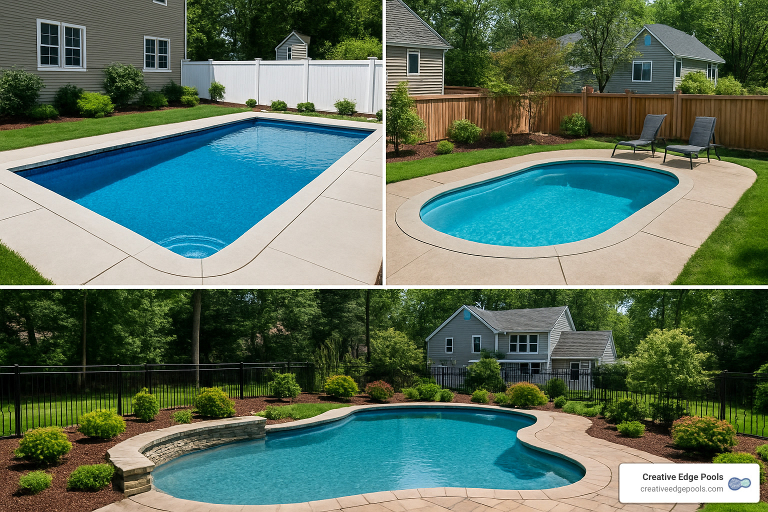 collage showing different inground pool types including vinyl liner, fiberglass shell, and gunite concrete pools in Massachusetts backyards - Inground Pool Cost Massachusetts