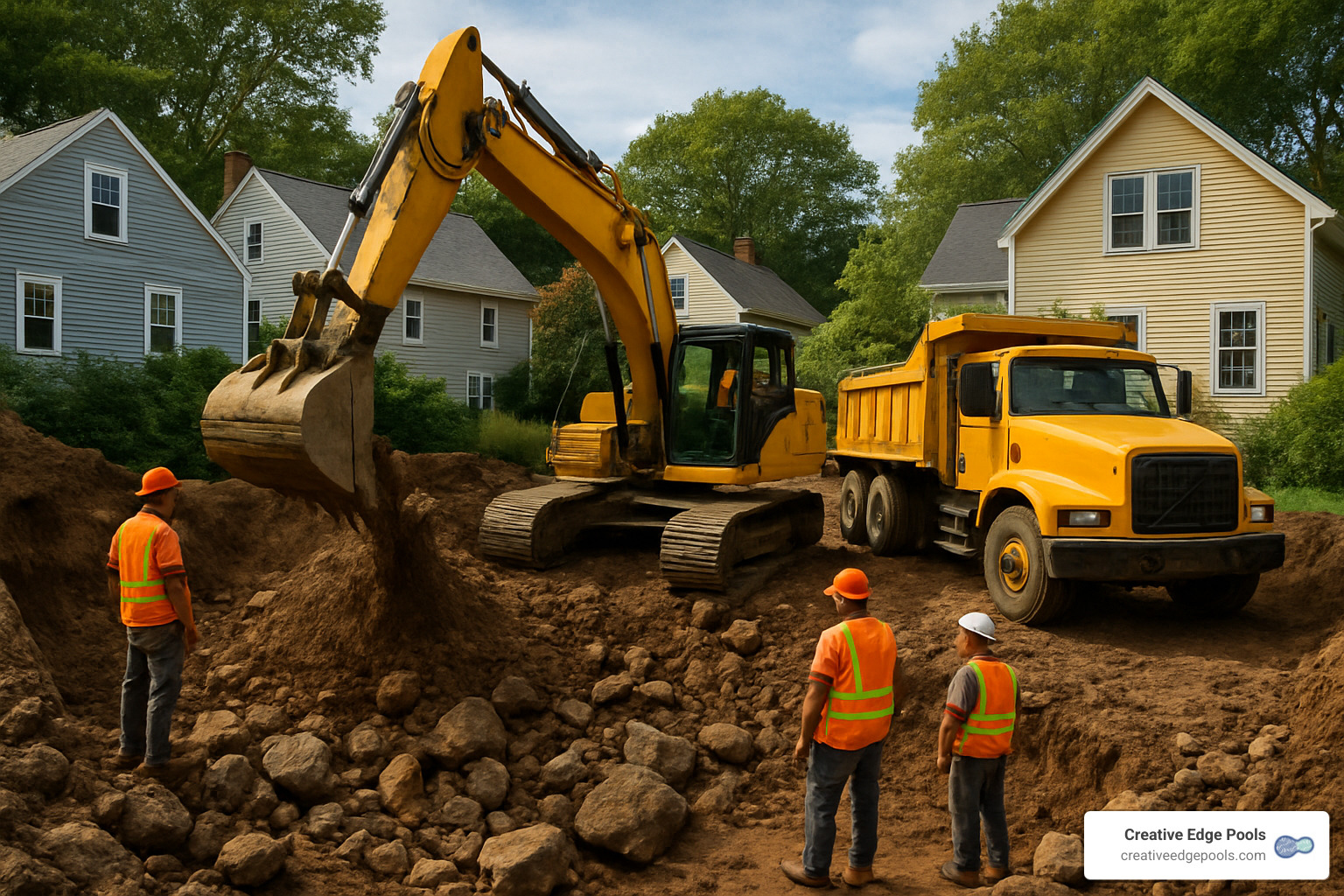 excavation machinery working on rocky Massachusetts soil for inground pool installation - Inground Pool Cost Massachusetts
