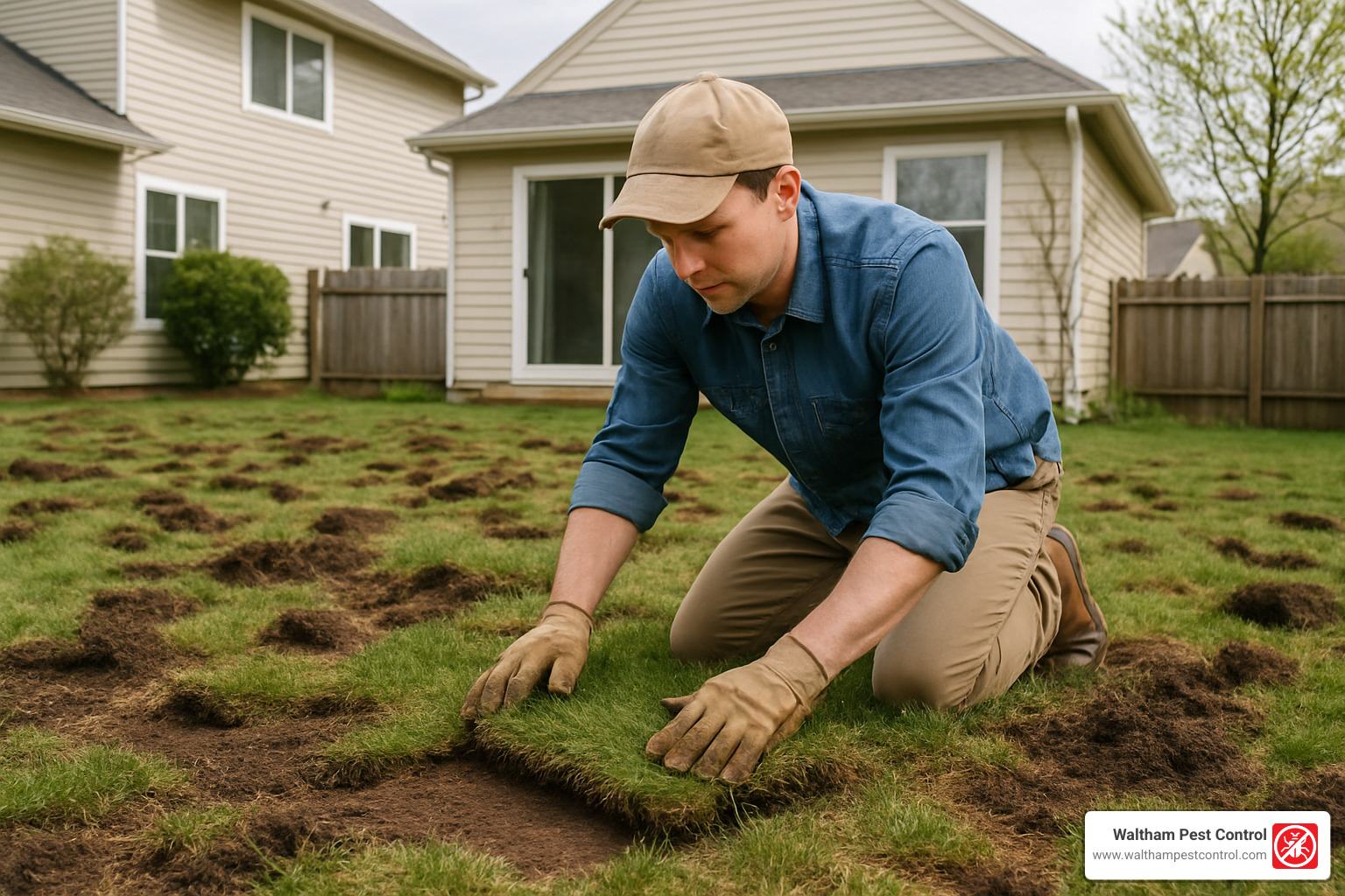 homeowner replacing flipped sod pieces - raccoons tearing up yard