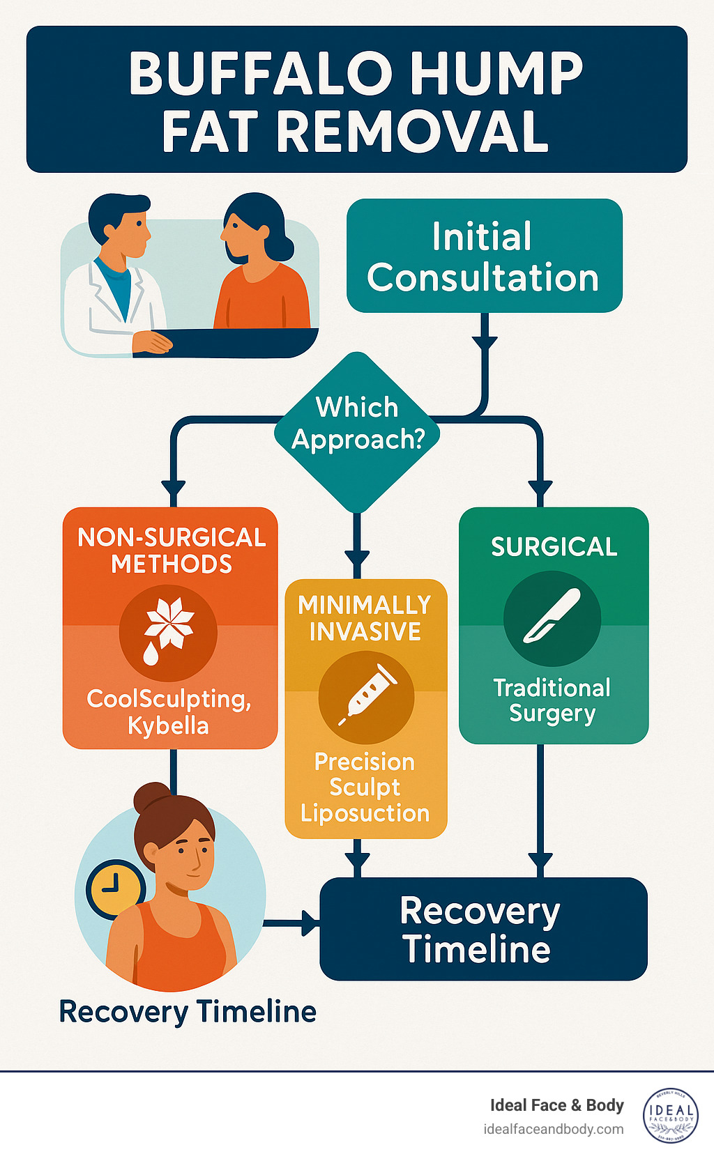 Treatment pathway infographic showing the complete buffalo hump removal journey from initial consultation through various treatment options (non-surgical methods like CoolSculpting and Kybella, minimally invasive Precision Sculpt liposuction, and traditional surgical approaches) to recovery timeline and long-term maintenance, with decision points and expected outcomes at each stage - buffalo hump fat removal infographic 