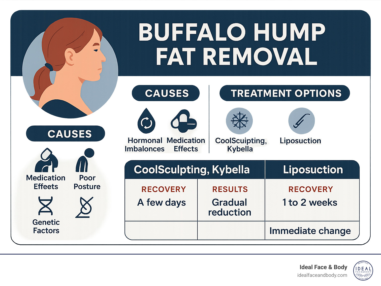 Comprehensive infographic showing buffalo hump formation causes including hormonal imbalances, medication effects, poor posture, and genetic factors, alongside treatment options from non-surgical methods like CoolSculpting and Kybella to surgical approaches like liposuction, with recovery timelines and expected results for each method - buffalo hump fat removal infographic 