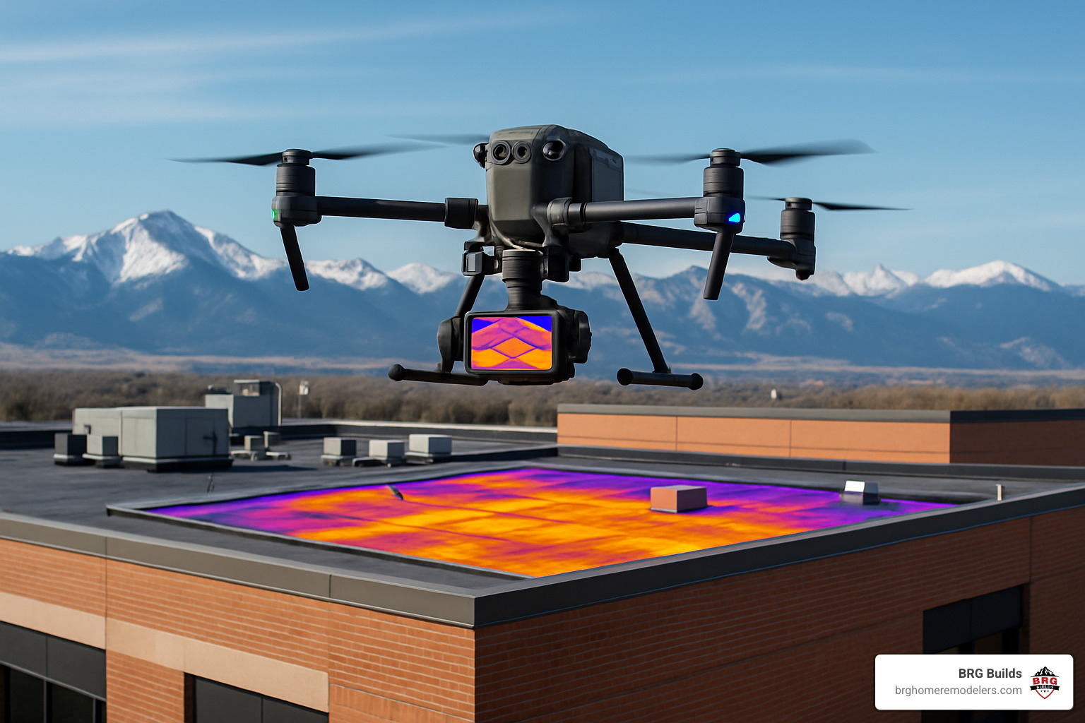 Drone conducting thermal roof inspection - commercial roofing colorado